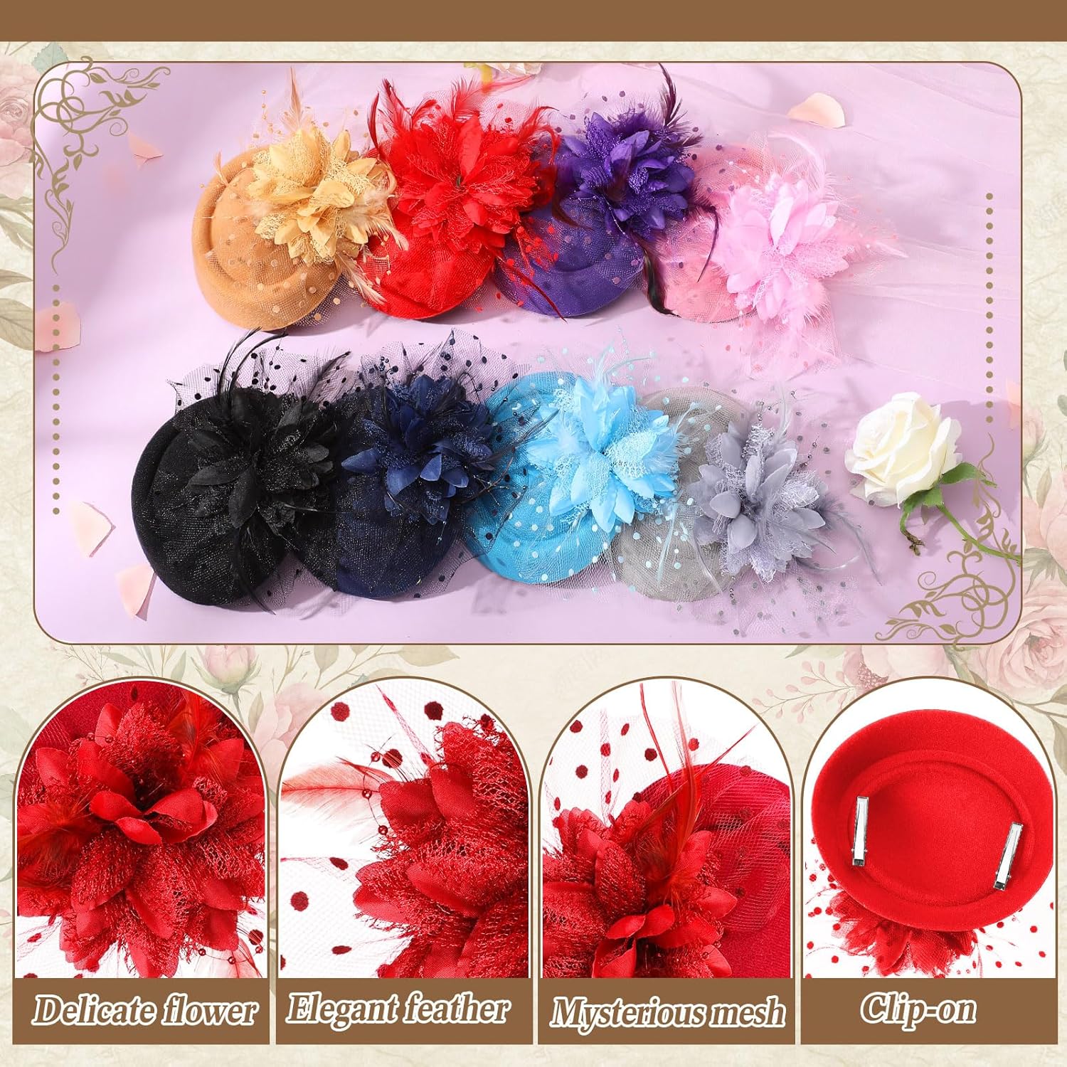 Suncalla 8 Pcs Fascinator Hats Pillbox Derby with Feather Women's Tea Party Hat Headwear for Wedding 20s 50s Dress Party