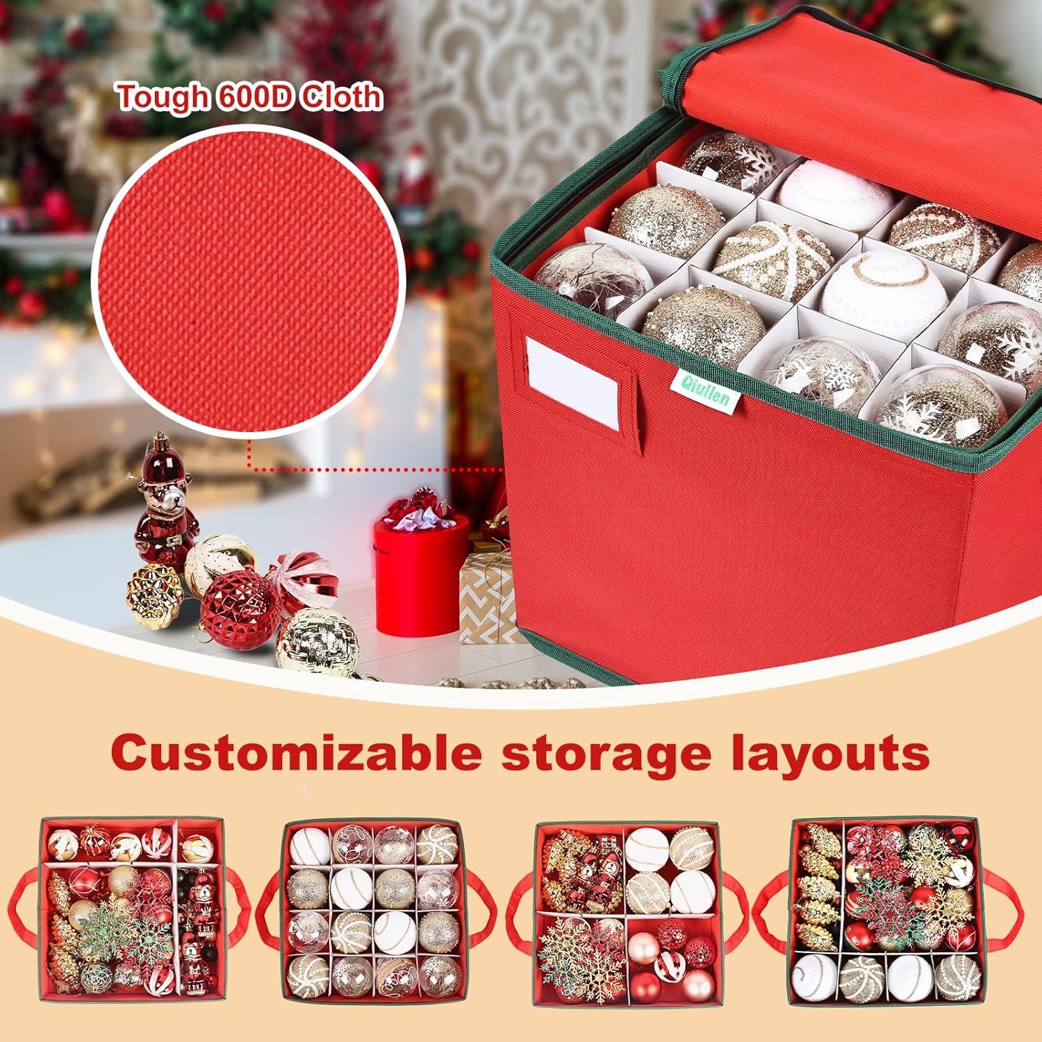Christmas Ornament Storage Box High Capacity Decoration Organizer Holds Up to 64 Ornaments Decoration Balls Holiday Storage Case with Lid Large Foldable Storage Case for Sundries or Clothes (Red)