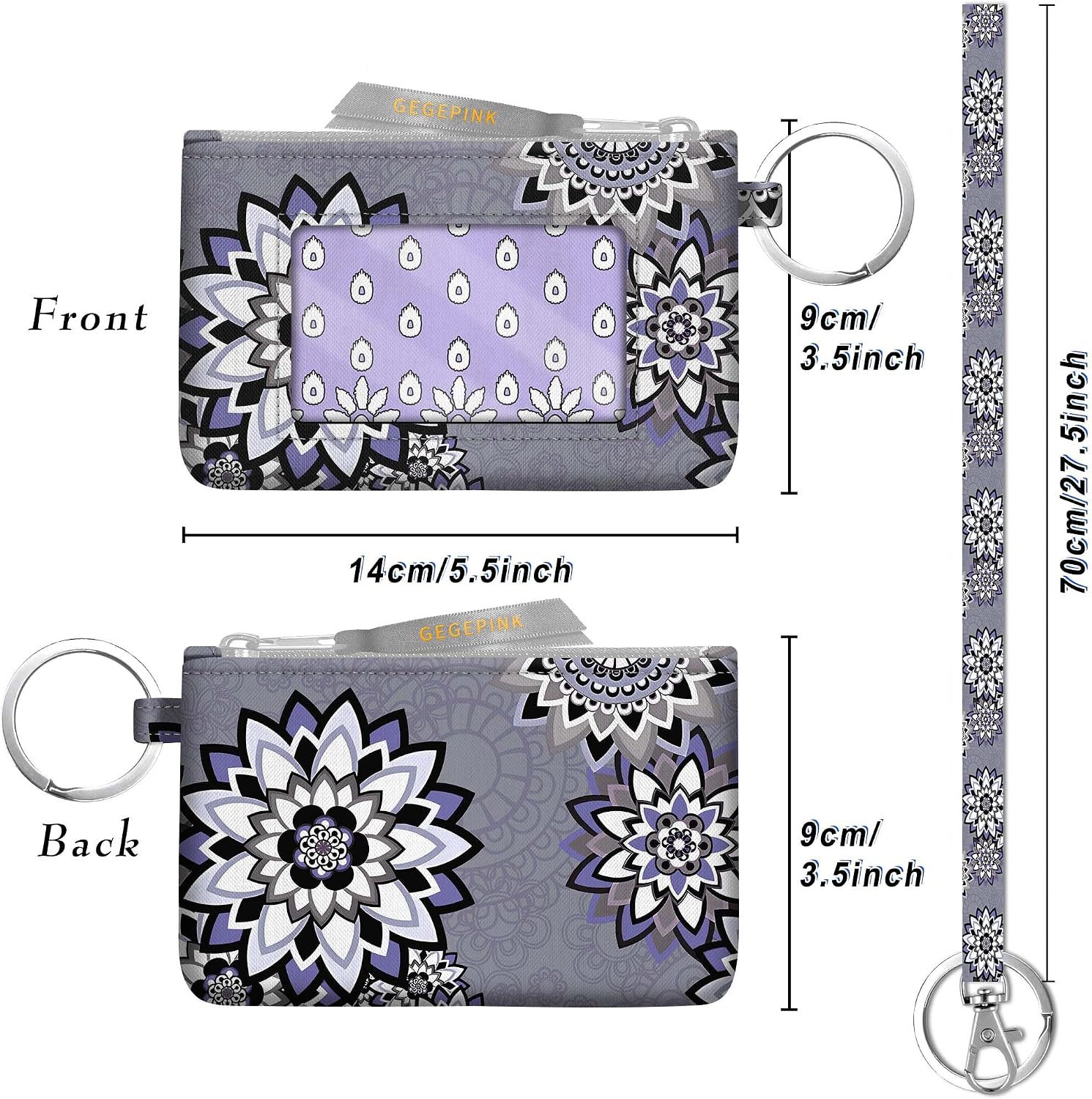ID Case Keychain Wallet with Lanyard Minimalist Water Resistant Small Coin Pouch with Clear ID Window Cute Zipper Coin Pouch-Vintage Boho Grey Purple Wallet Keychain
