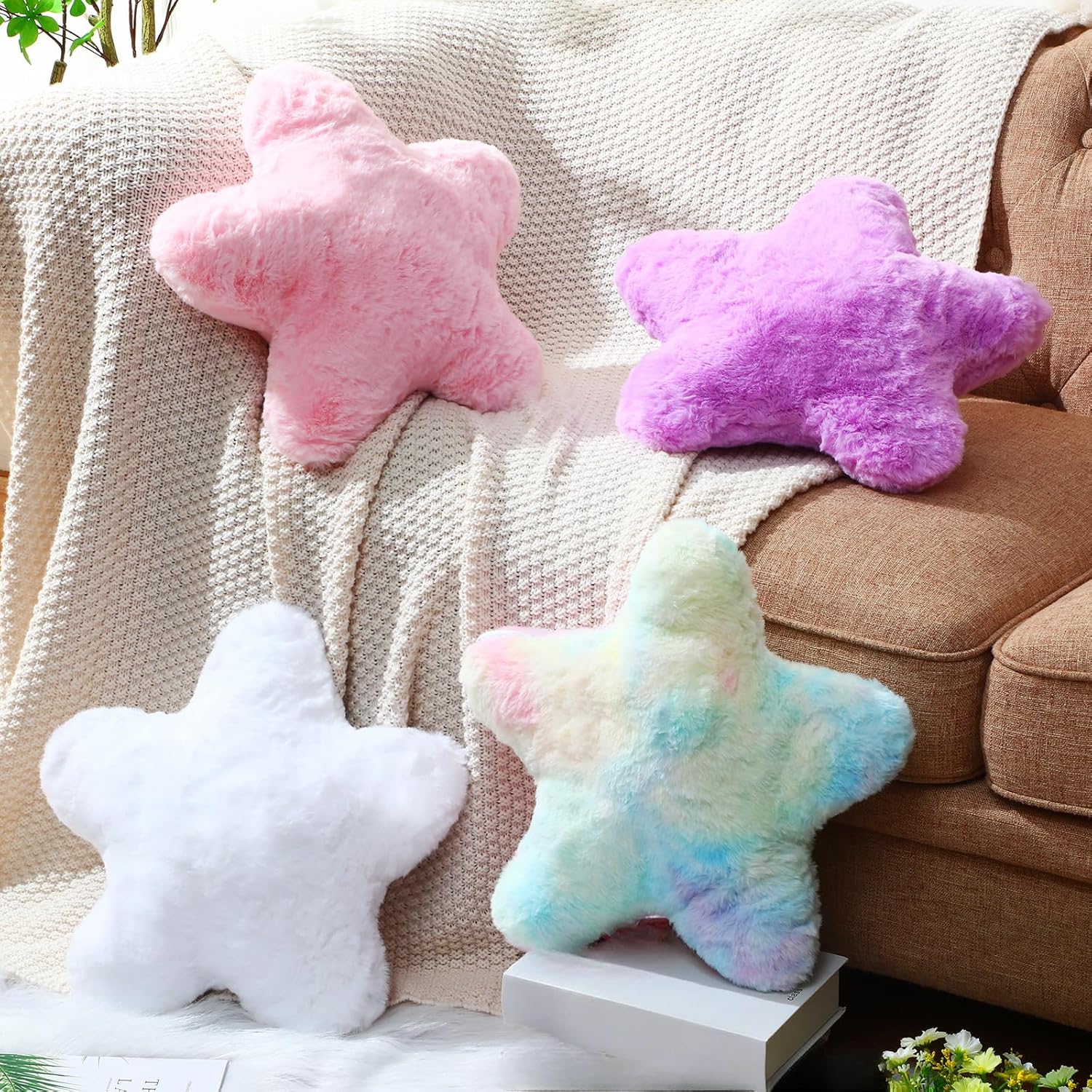 4 Pieces 15" Star Pillows, Cute Soft Fluffy Decorative Throw Pillows with Faux Rabbit Fur for Sofa Bedroom Living Room Floor Cushions Home Decor(Multicolor)