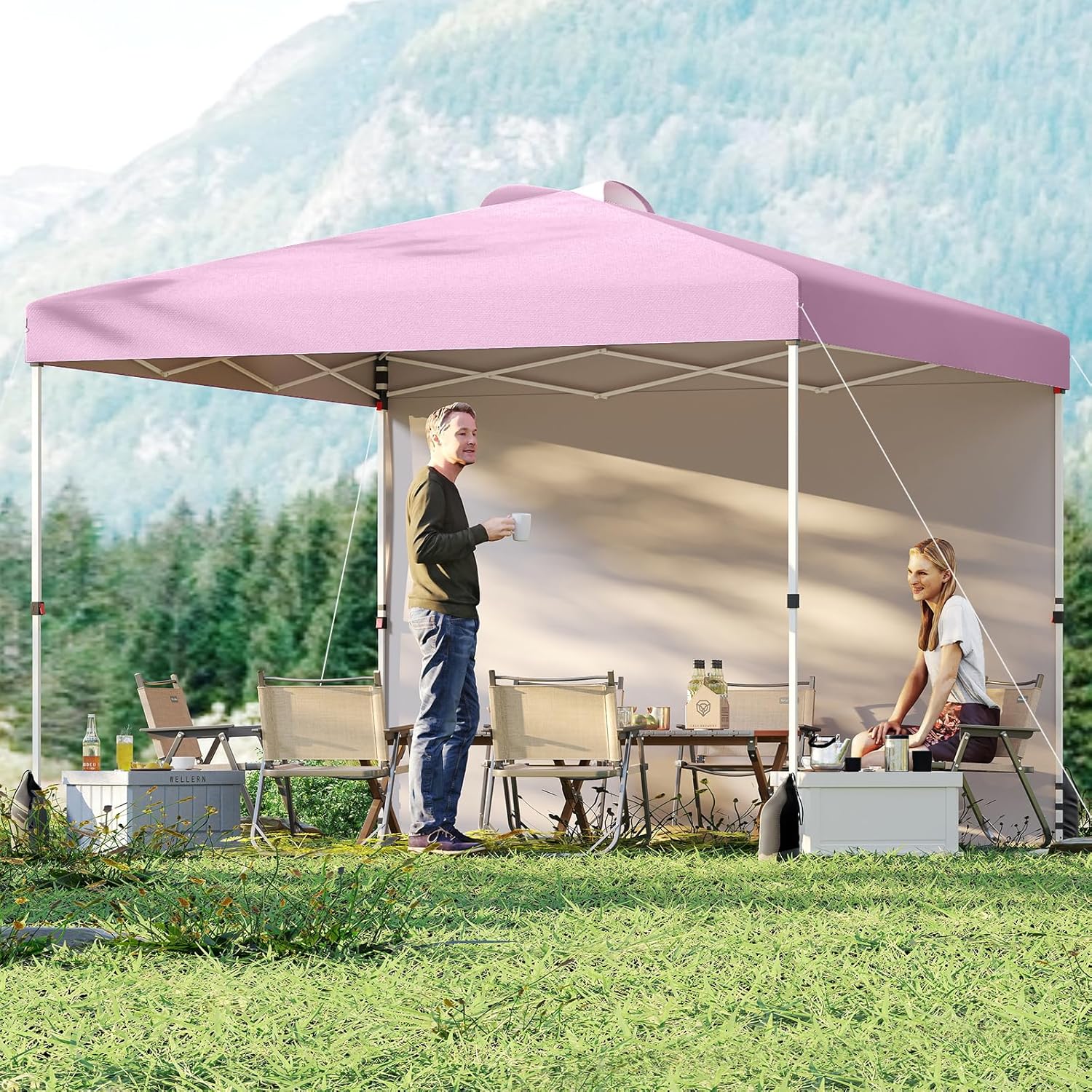 Tangkula 10x10 FT Pop up Canopy with Sidewall, Easy Setup Outdoor Tent with Wheeled Bag, 4 Sandbags, 4 Ropes, 4 Anchors, 8 Stakes, Vented Top, Portable Canopy Tent for Party Event Patio (Pink)