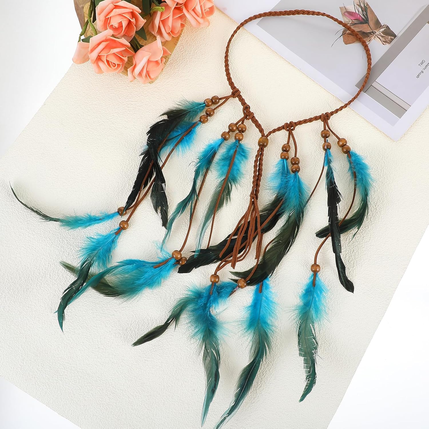 Native American Headband,Blue Indian Feather Headdress for Women,Boho Indian Feather Headband,Hippie Headpiece Gypsy Indians Costume Decor,Native American Hair Accessories for Women and Girls - Image 5