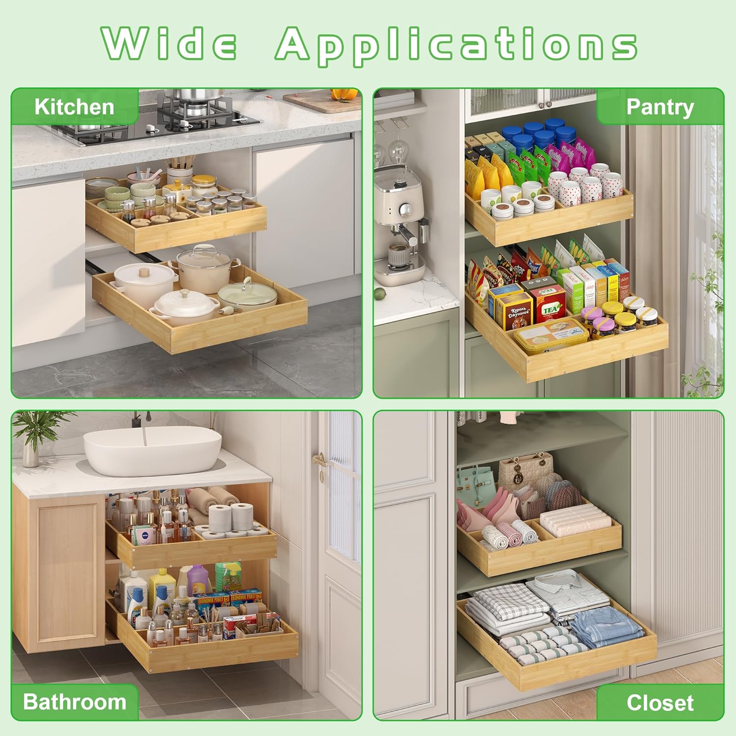 No Drill Pull Out Drawers for Cabinets, 20" W x 21" D Bamboo Adhesive Cabinet Organizer, Slide Out Shelves for Kitchen Pantry Bathroom Storage