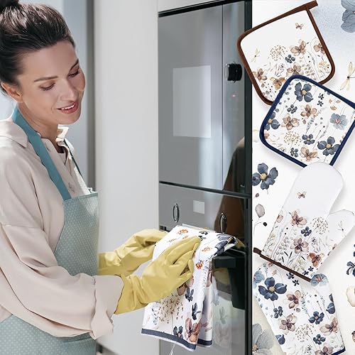 Miniatura 2 de Juego de 6 toallas de cocina con estampado floral de amapola marrón primavera, guantes de horno y agarraderas, decoración de flores silvestres de