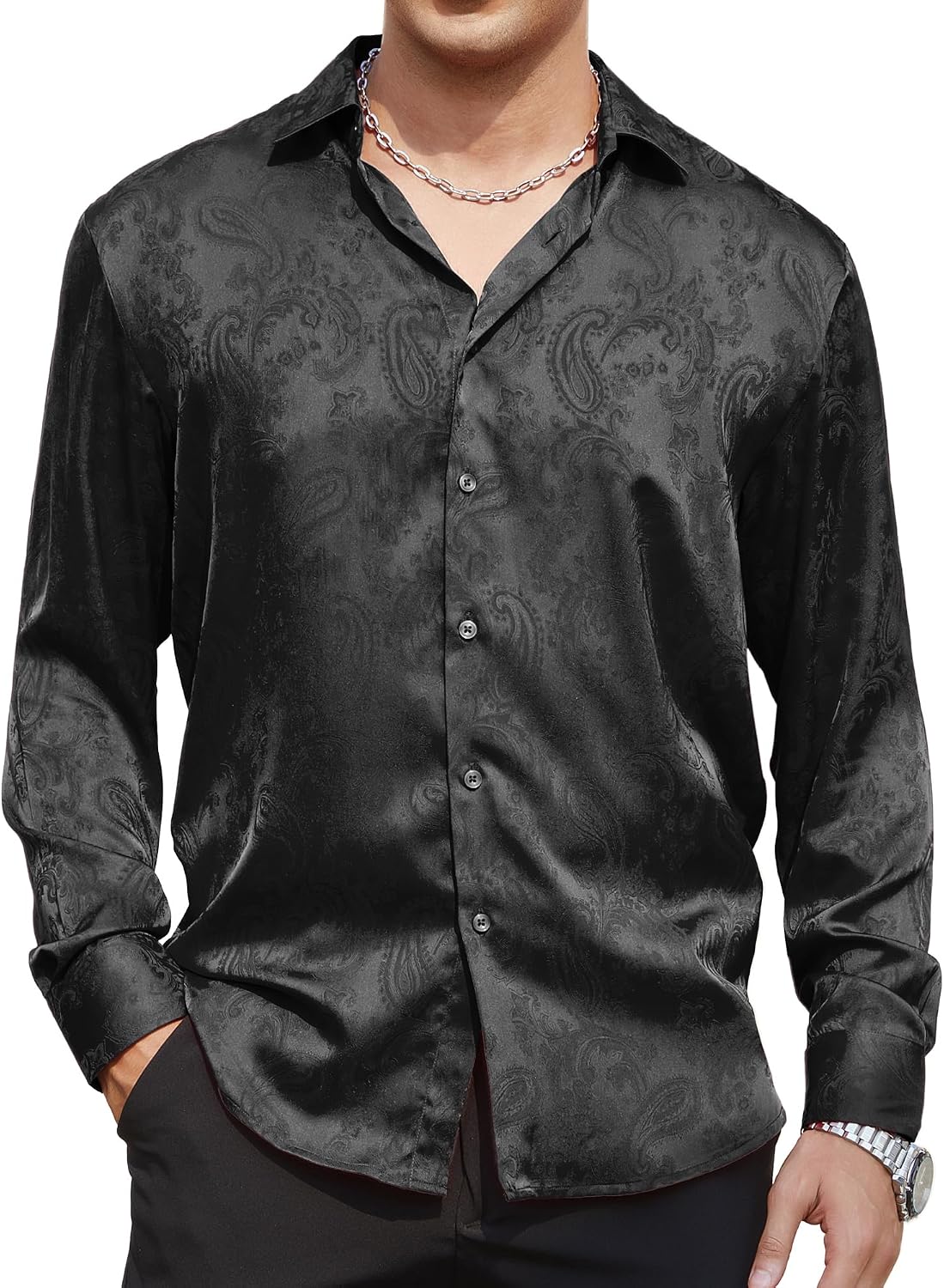 WARHORSEE Men's Silk Satin Dress Shirts Long Sleeve Button Up Shirt for Men