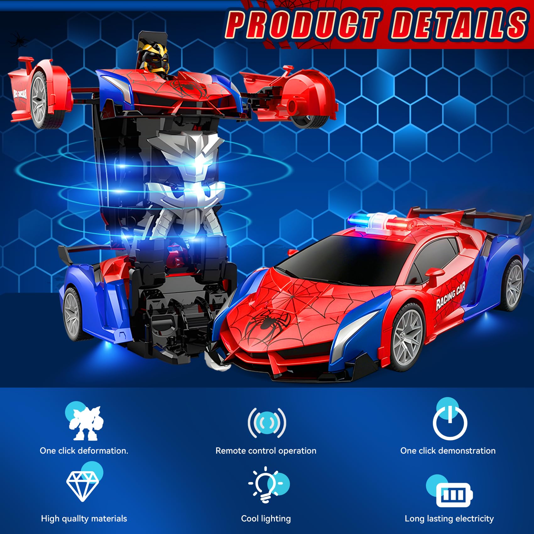 Macchina Telecomandata Spider, 2.4GHz Robot Trasformabile Spider RC Auto con Telecomando, 2 in 1 Macchina Polizia Giocattolo Bambini con Luce Lampeggiante, Auto Robot Trasformabile per Bambini