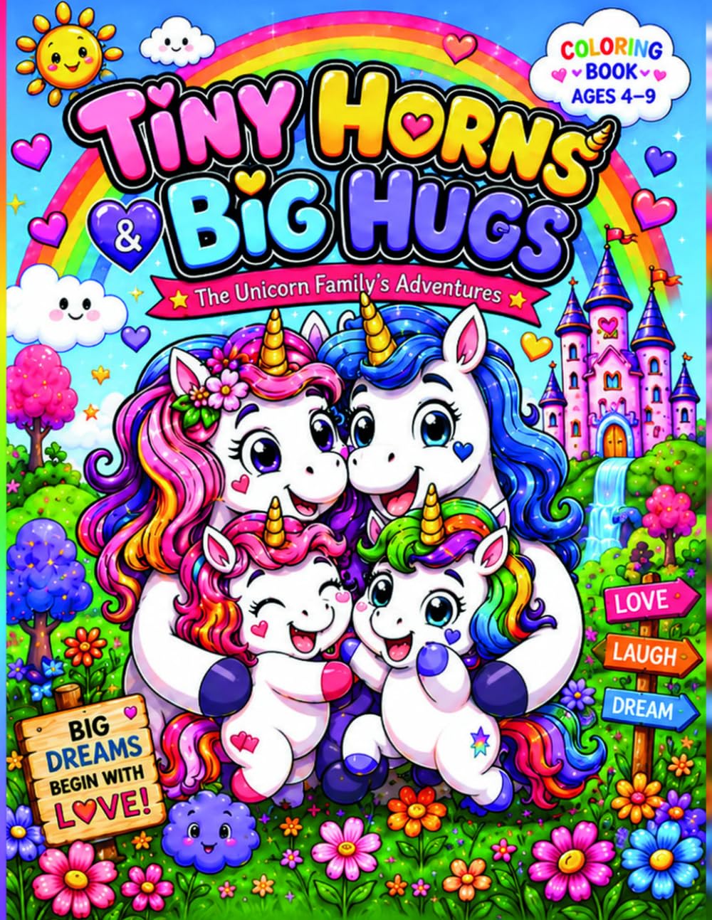 Tiny Horns & Big Hugs Coloring Book for Unicorn Lovers Kids 4-9: The Unicorn Family’s Adventures