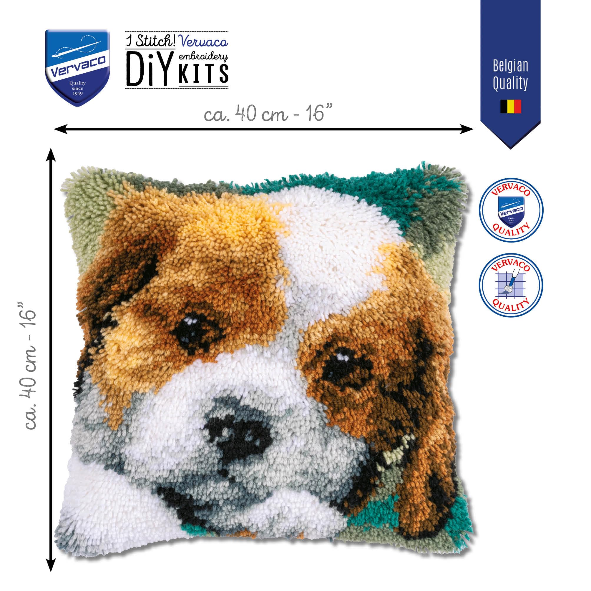 Vervaco Kit Cojin Gancho De Pestillo Cojin Decorativo PERRO DIY Manualidades Adultos Set Creativo Regalo Bordado Kit Principiantes ca. 40 x 40 cm Latch Hook Embroidery