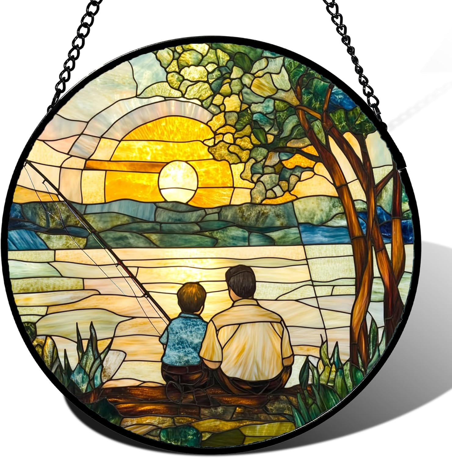 Stained Glass Window Hanging Sunset View by The Lake Large 11.8" - Family Fishing Suncatcher Door Garden Sun Catcher Home Decor Birthday Christmas for Mom Men Woman Nana