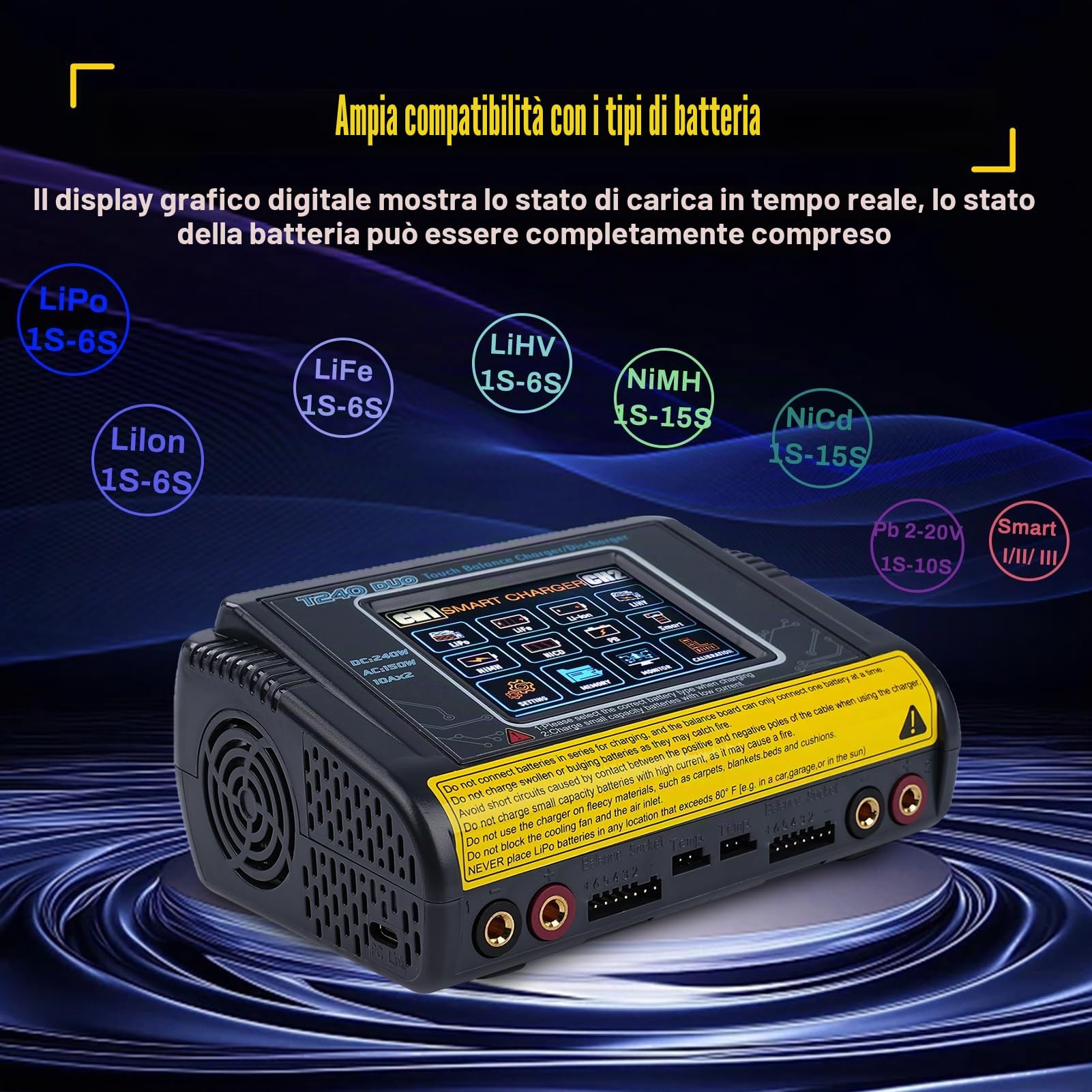BuyWeek T240 DUO RC Caricabatterie Bilanciamento AC150W/DC240W 10A carica batteria per auto 3,2 pollici touch screen caricabatterie litio alta precisione per LiPo/Lilon/LiFe/NiMH/NiCd/PB/NiMH
