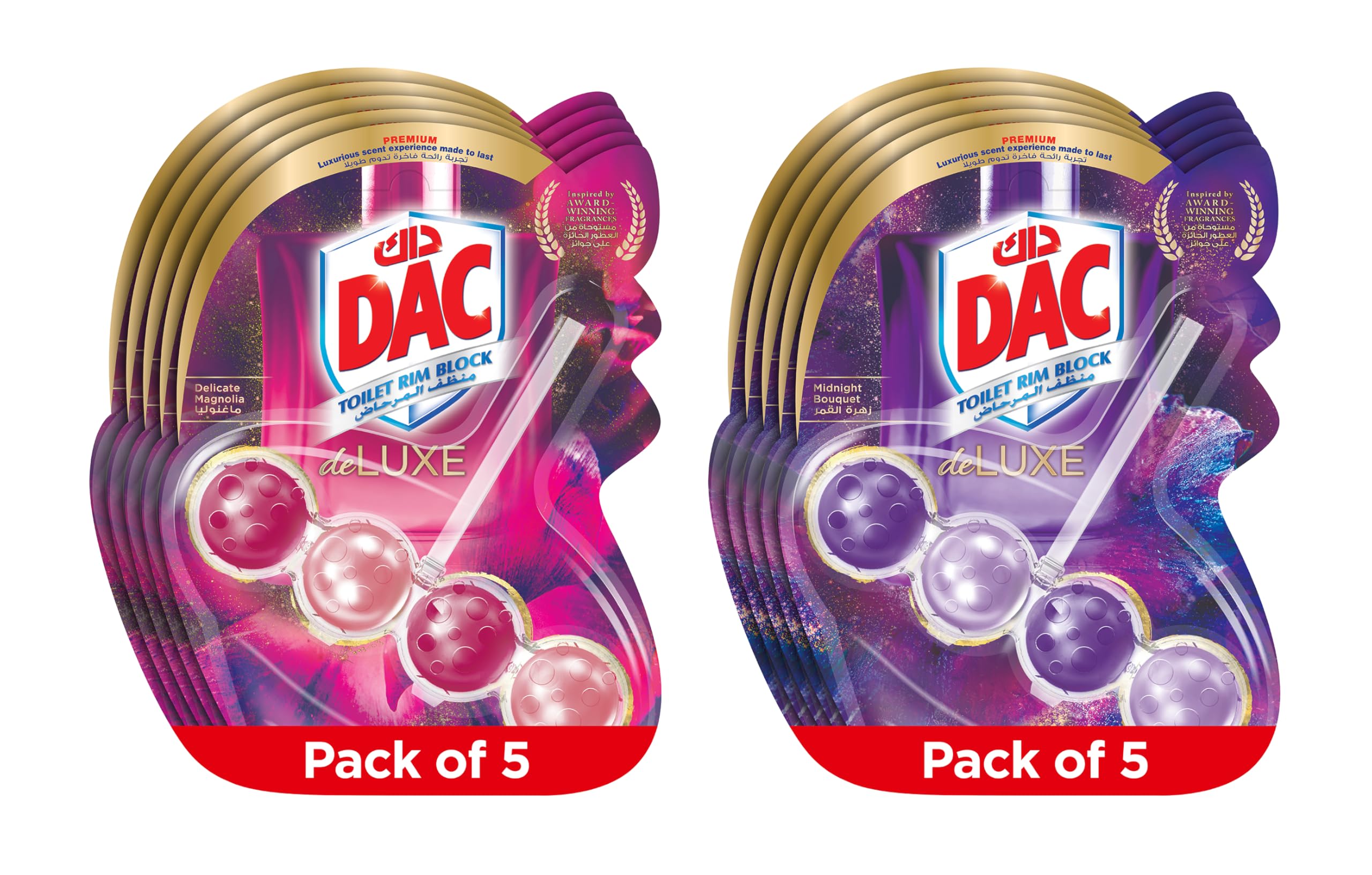 DAC Deluxe Toilet Rim Block, Premium Gel with Active Cleaning Foam, Midnight Bouqet and Delicate Magnolia Fragrances, 100g, 5 x Pack of 2