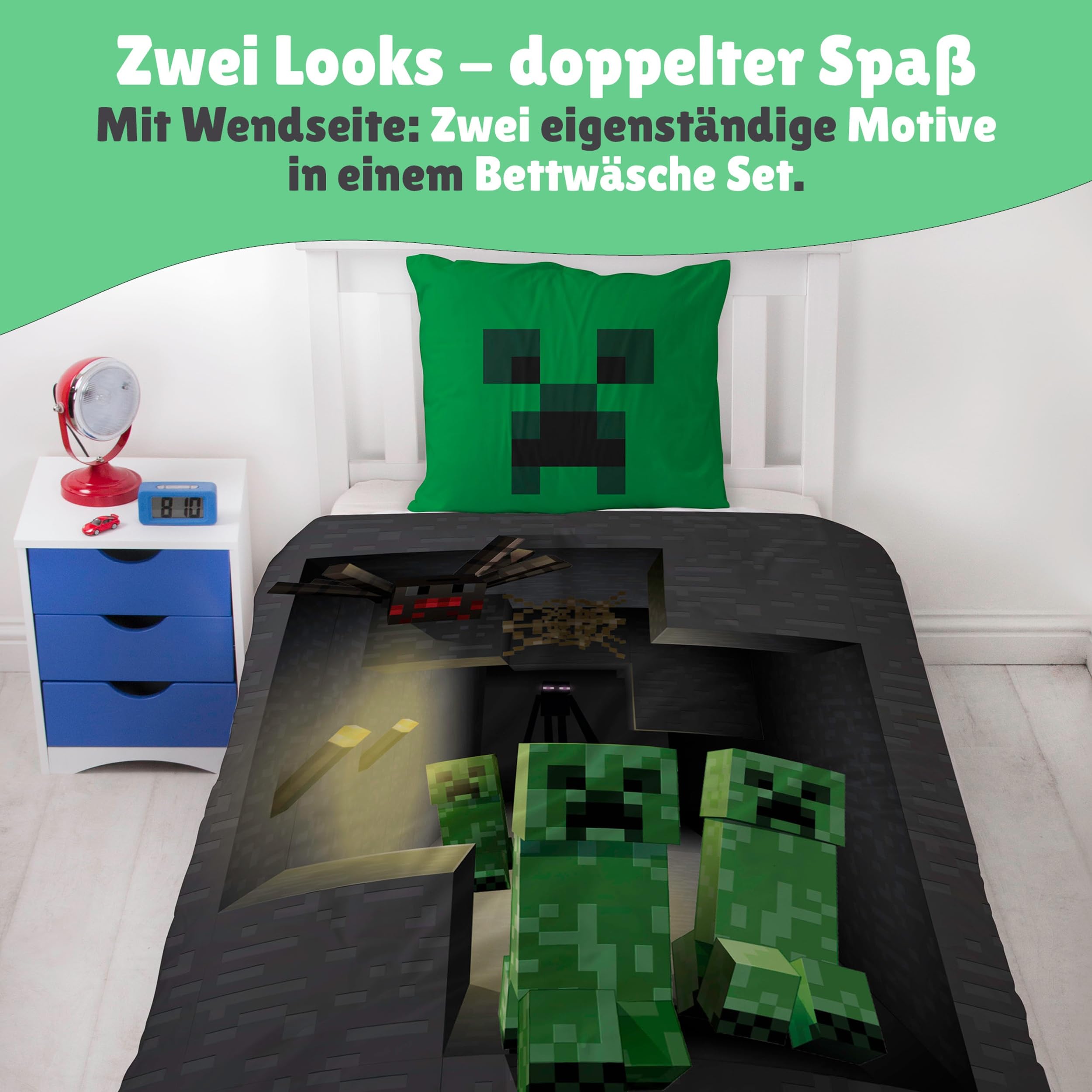 Minecraft Bettwäsche 135x200 Set mit Kissenbezug 80x80 cm für Jungen - Weiche und atmungsaktive Kinderbettwäsche aus 100% Baumwolle - Öko-Tex Zertifiziert - Reißverschluss mit Creeper Blöcken