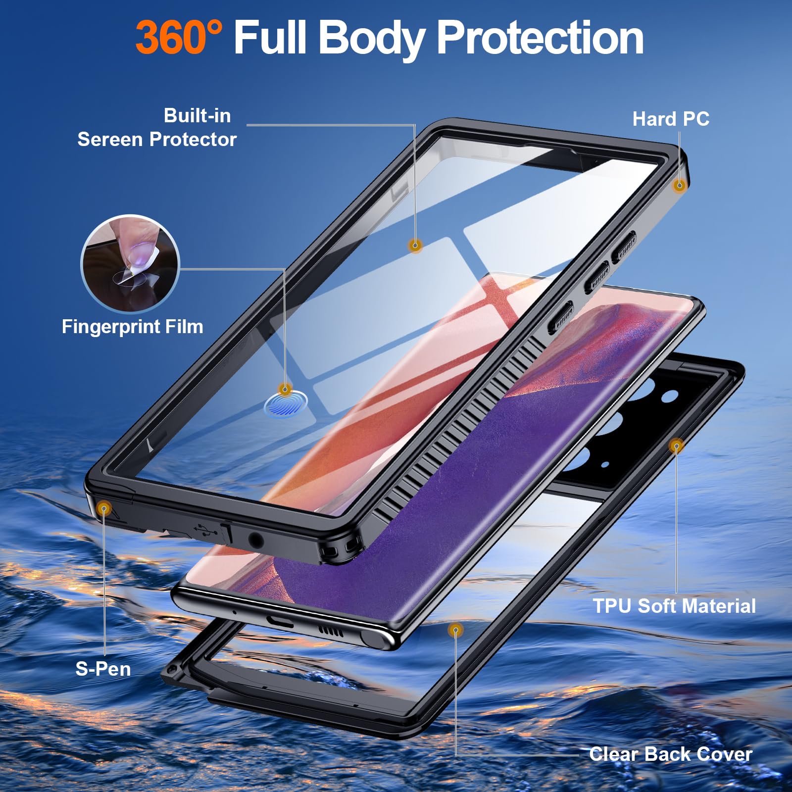 Hualele Handyhülle Schutzhülle für Samsung Galaxy Note 20, wasserdicht, integriertes Objektiv und Displayschutzfolie, robust, Militärqualität, IP68, Unterwasserschutzhülle, Schwarz
