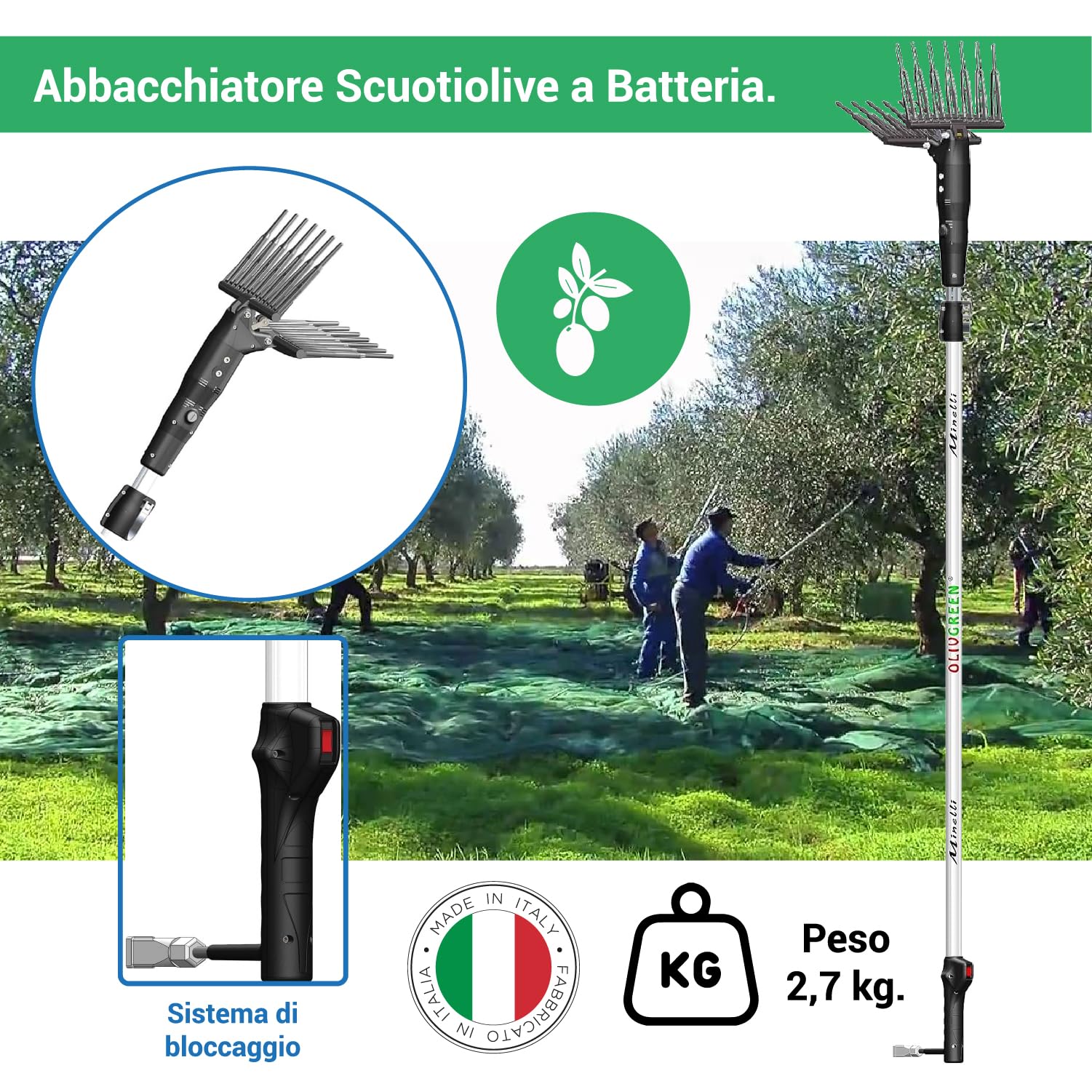 Crisalide® - Minelli OlivGreen A3 Scuotitore Raccogli Olive Abbacchiatore Scuotiolive a Batteria - Nero