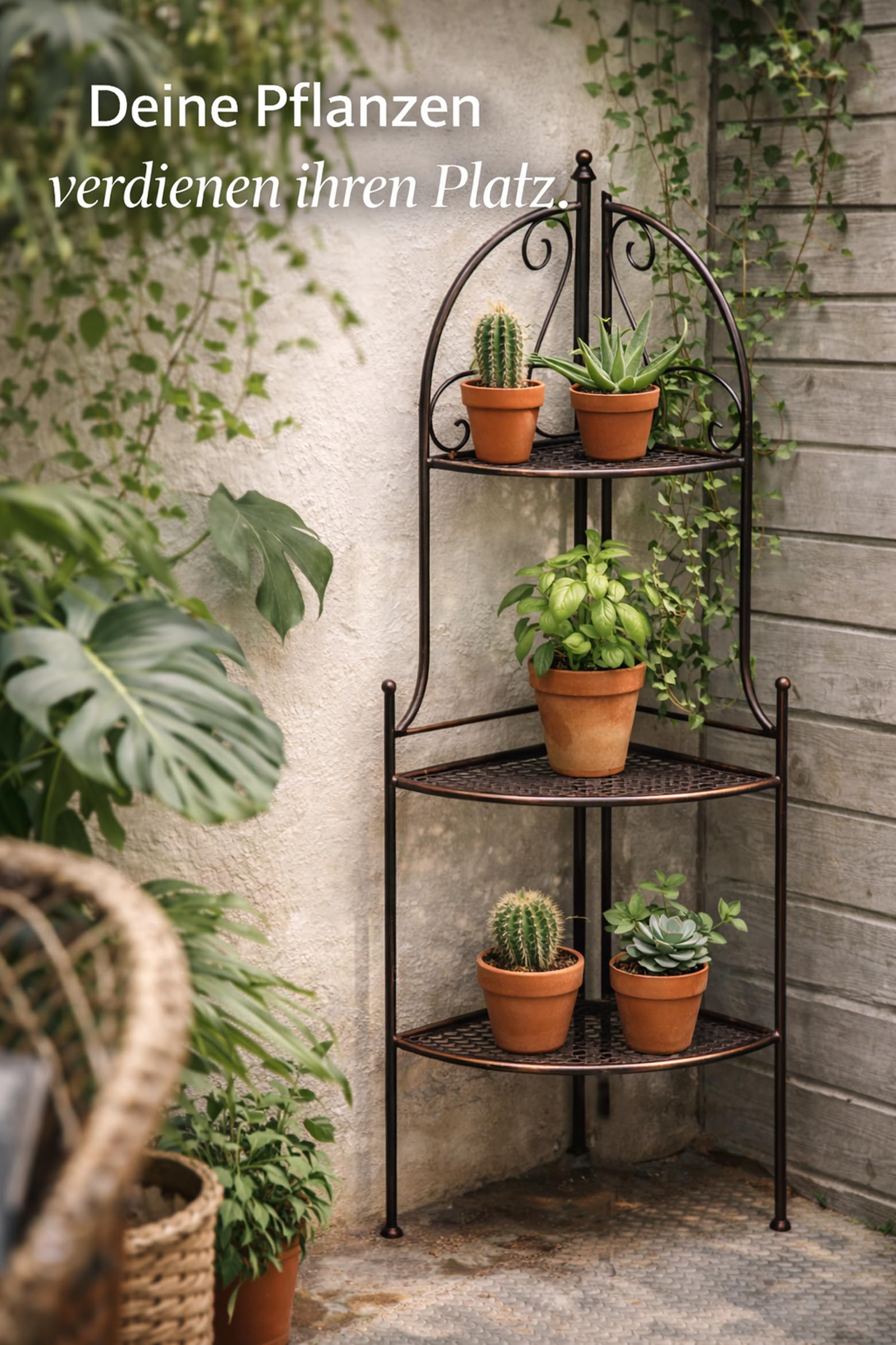 PrimoLiving Metall Garten Regal - Pflanzen Blumen Eckregal aus Metall - Pflanzenregal Garten und Balkon - Blumenbank für draußen - im Vintage Antik-Look, 114cm hoch, braun, P-08508