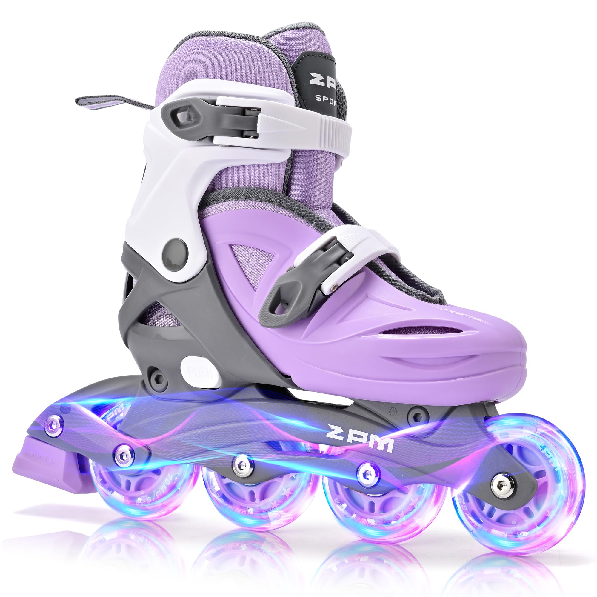 2PM SPORTS Girls Adjustable Illuminating Inline Skates with Light up Wheels, Fun Flashing Beginner Roller Skates for Kids - Purple Large