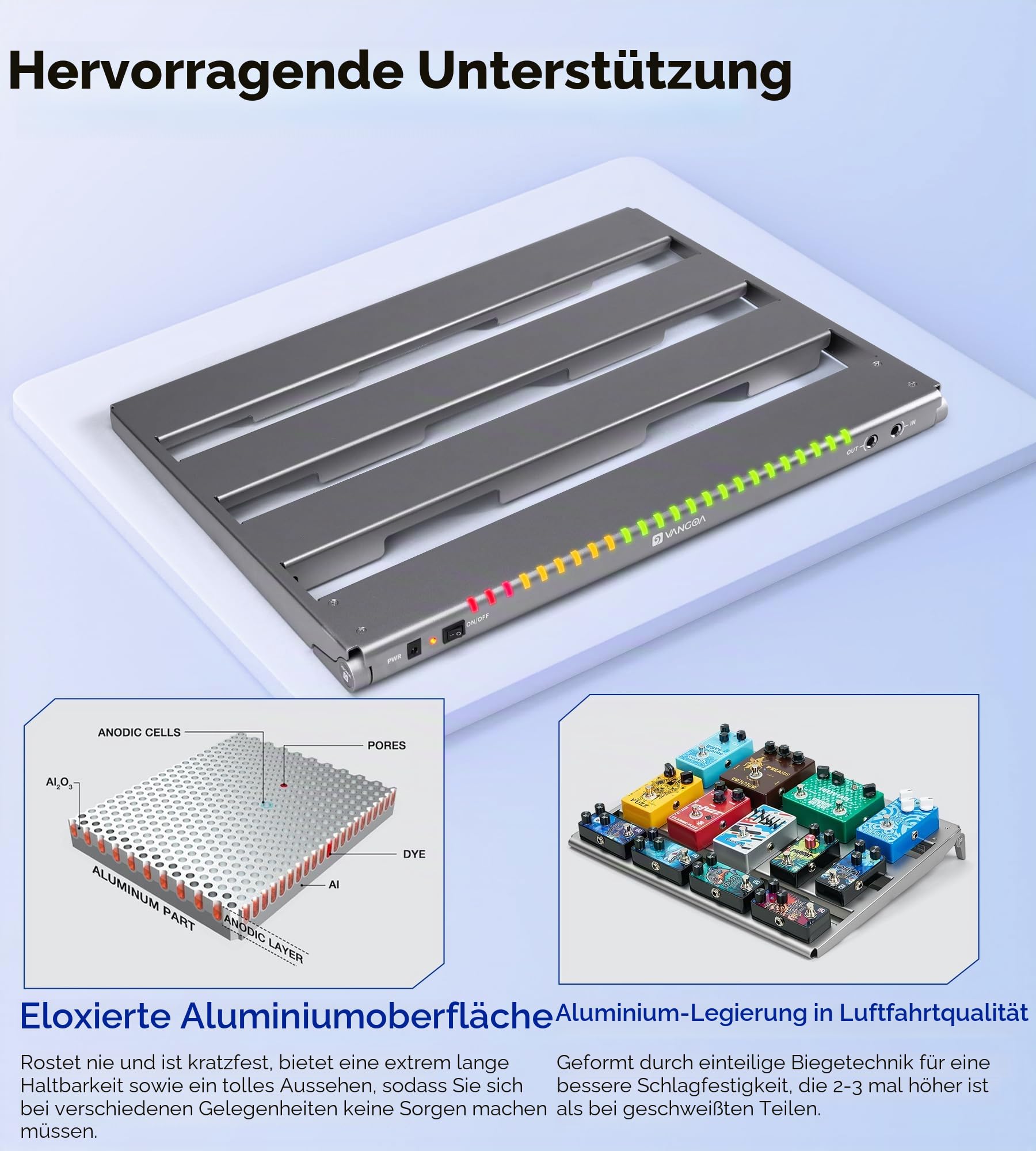 Vangoa Pedalboard mit Integriertem Netzteil,Aluminiumlegierung einteilig gebogene tragbare faltbare powered Guitar Pedal Board mit Premium-Rucksack, Medium, 45.72 * 34.29cm, 1.54kg, grau