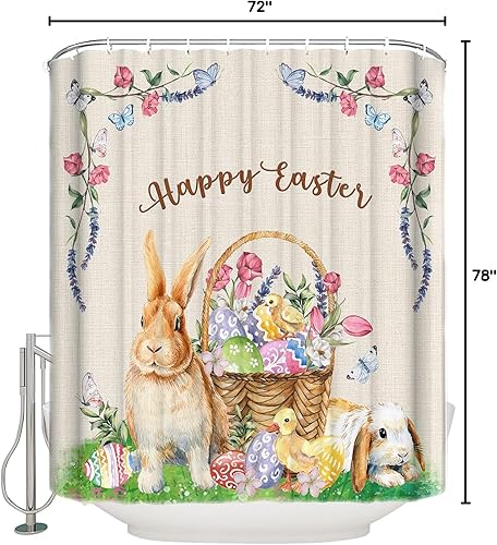 Miniatura 8 de QueenKer Cortina de ducha con diseño de huevos de Pascua flores de conejo textura retro impermeable juego de cortina de ducha con 12 ganchos de