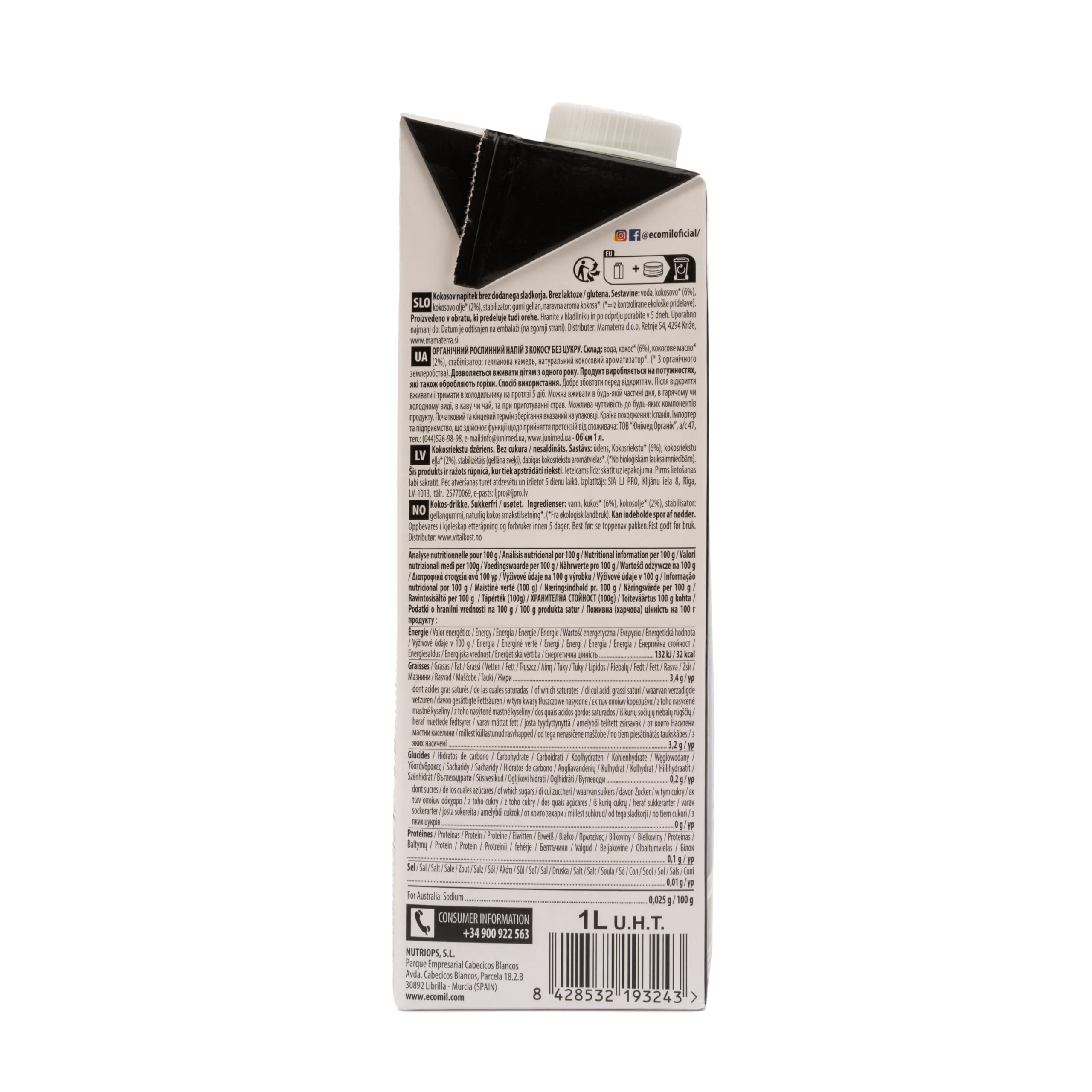 Ecomil Coconut Nature Keto Bio 1L Ecológica Sin Azúcares Añadidos Sin Gluten Vegana