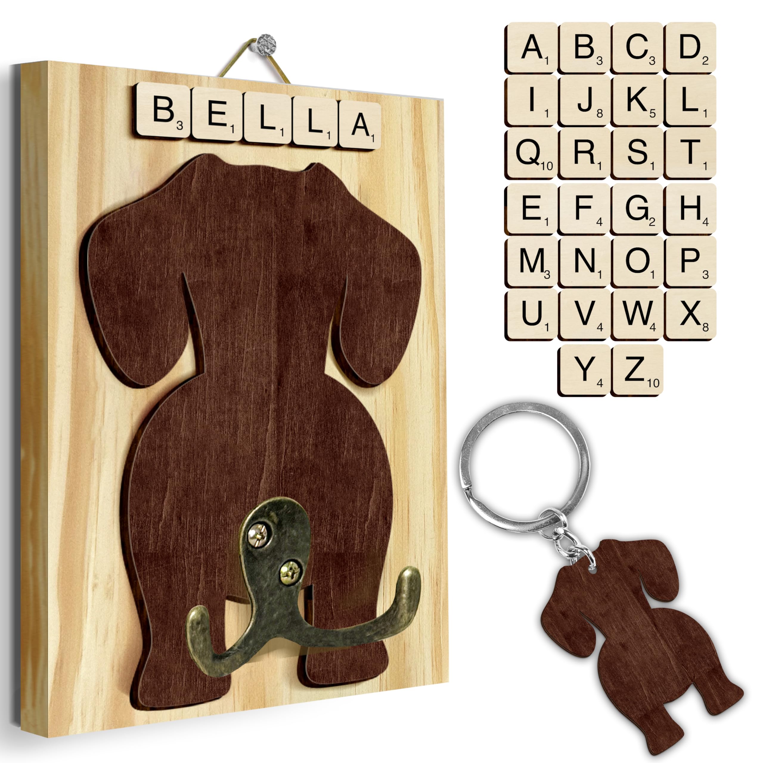 Dachshund Dog Leash Holder Wall Mount with Scrabble Letters, Wooden Dog Wall Hook Organizer, Pet Collar and Harness Holder for Entryway, Key Hook and Leash Rack, Pet Lovers Gift Home Decor PF297-30