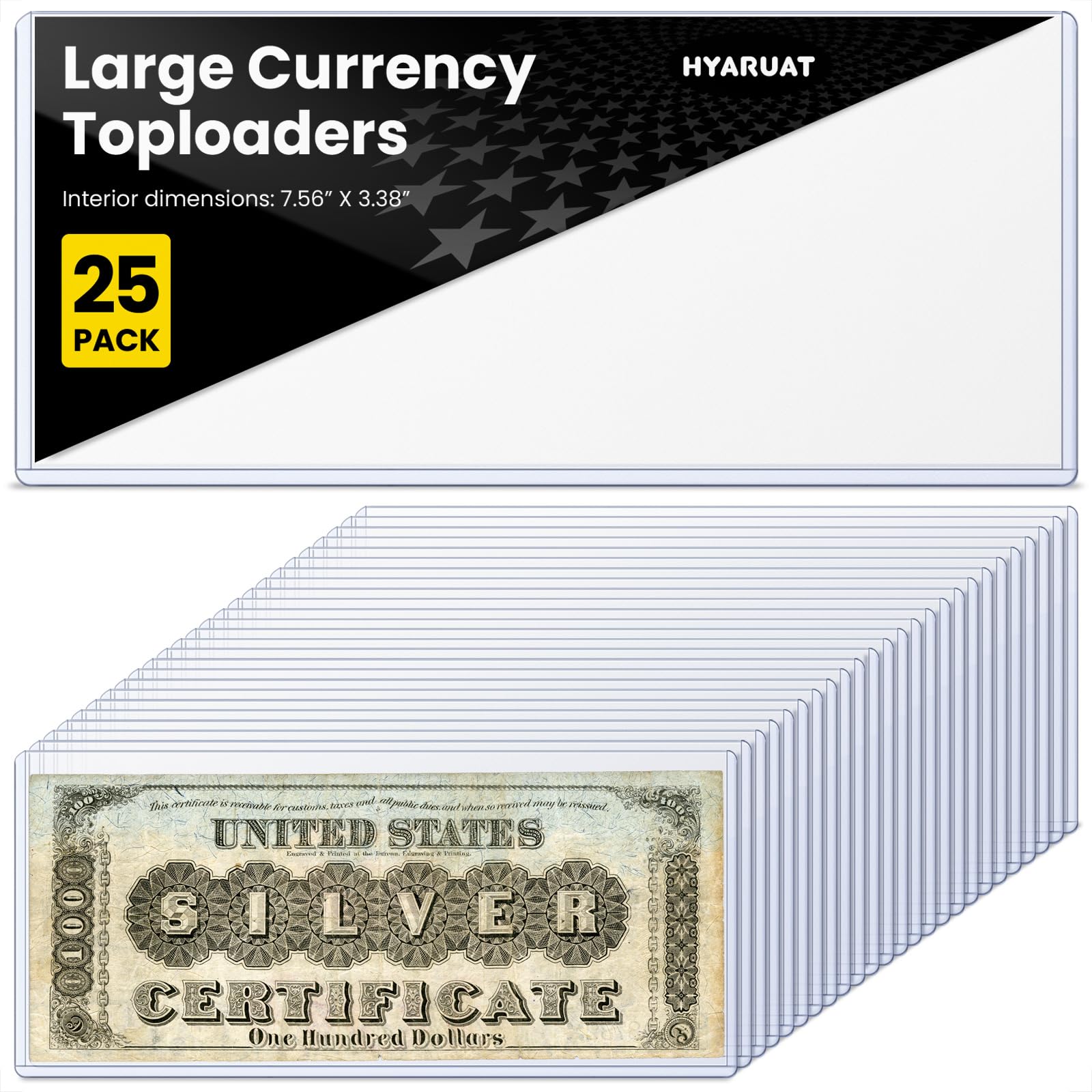 HYARUAT Large Currency Toploader - Premium Dollar Bill Holders, Transparent Blue, Durable Protective Sleeves for Large Bills, Currency Notes & Collectibles (25 Pack)