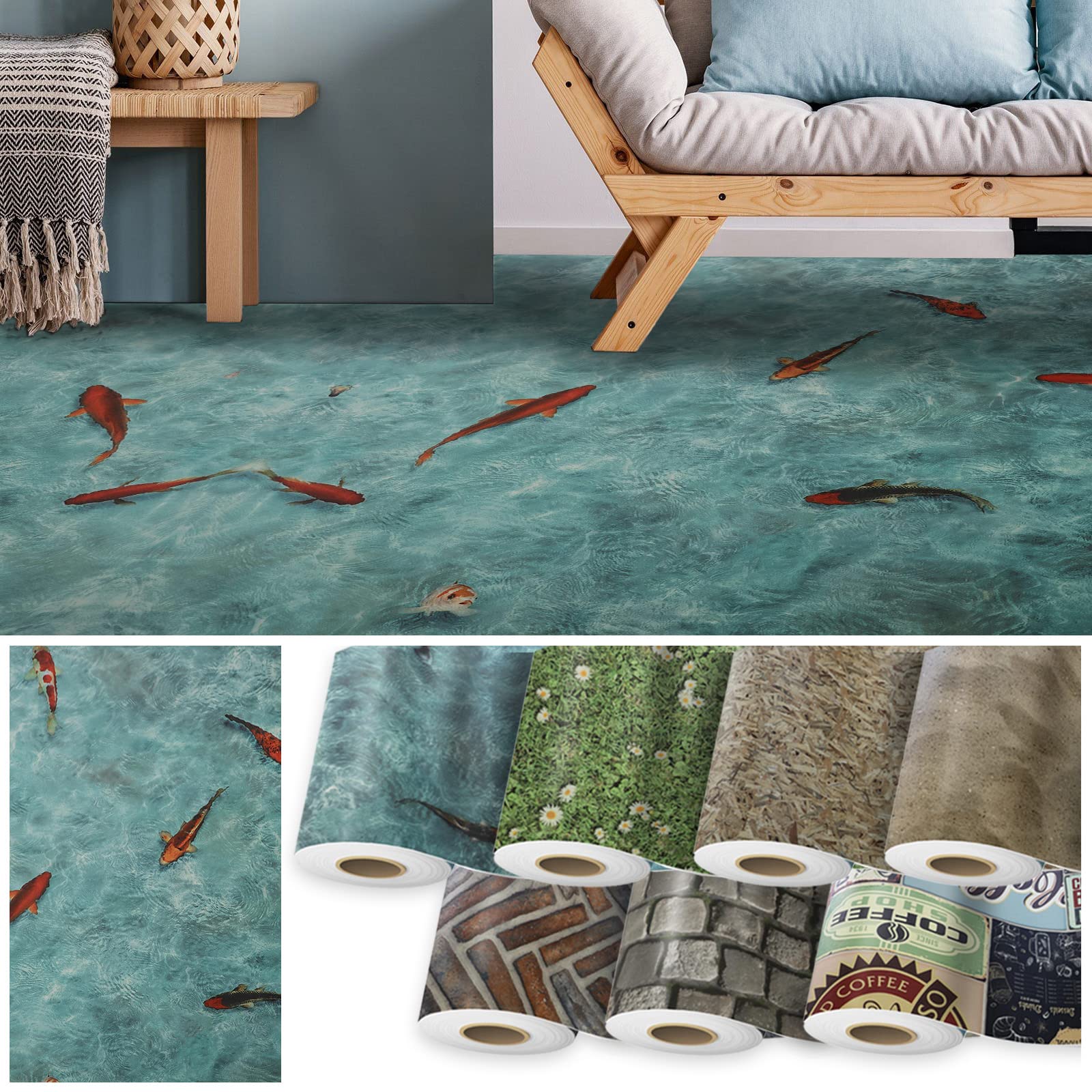 CV Moonlight, Cushion Vinyl Flooring, 3D Effect Pattern Design PVC Flooring Roll, Kitchen, Bedroom, Bathroom Flooring (200 x 600 cm, Koi)