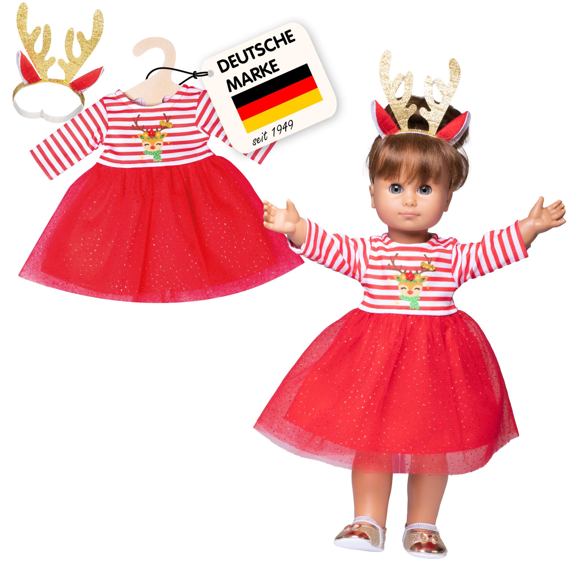 Heless 1151 - Weihnachts-Kleid für Puppen im Design Rentier Rudi, inklusive Haarband mit prachtvollem, goldenen Geweih, Größe 28 - 35 cm