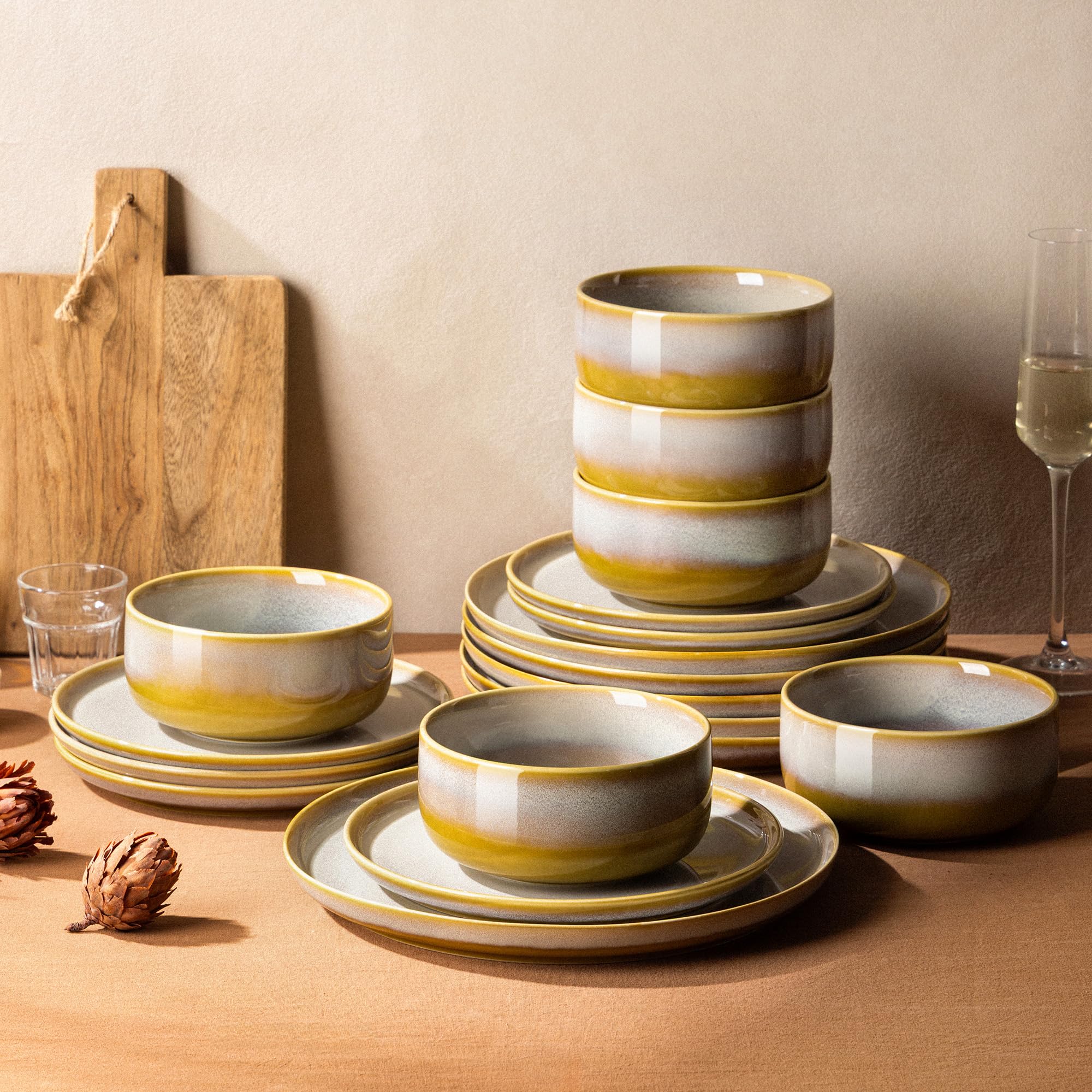 TheTerra Ceramic Dinnerware Set for 6, 18-Piece Plates and Bowls Set | Handmade Reactive Glaze Dish Set, Scratch Resistant, Oven &amp; Microwave &amp; Dishwasher Safe, Autumn Haze
