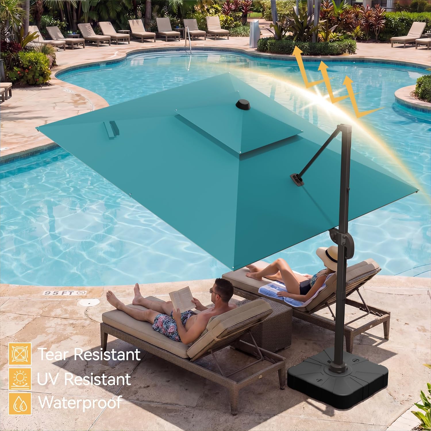 10x10 FT Patio Umbrella, Large Cantilever Double Top Heavy Duty Offset Umbrellas with 360° Rotation, Outdoor shade for Garden Deck Pool, Turquoise