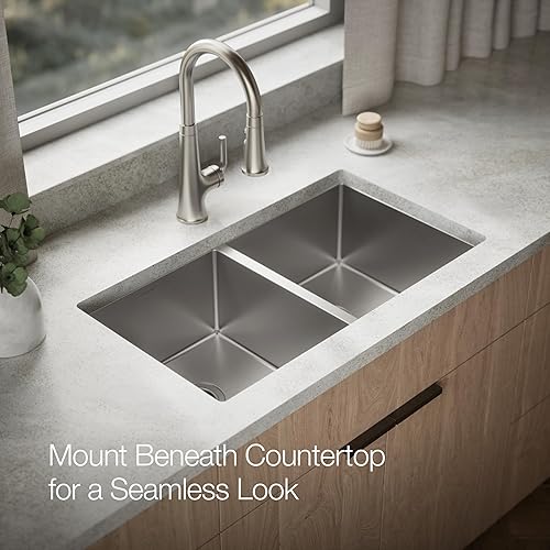 Miniatura 6 de KOHLER K-5281-NA Strive - Fregadero de cocina doble igual de montaje inferior, 32 x 18-14 x 9-516 pulgadas, acero inoxidable, paquete de 1
