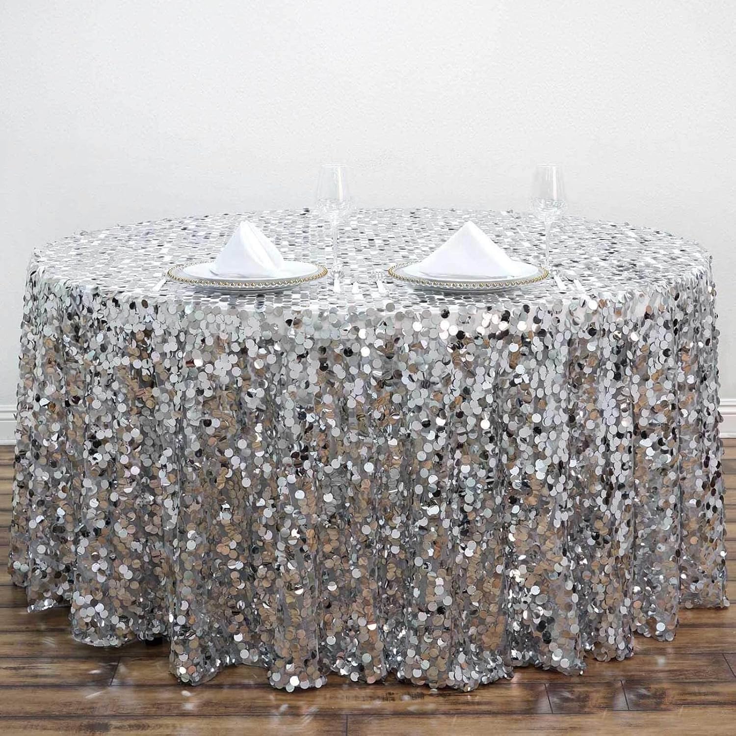 Efavormart 120" Big Payette Sparkly Sequin Round Tablecloth for Wedding Banquet Party - Silver - Premium Collection