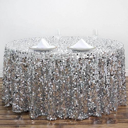 Miniatura 8 de Efavormart - Mantel redondo de lentejuelas brillantes de 120 pulgadas para banquete de boda, color plateado, colección premium