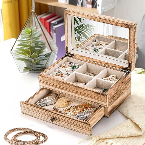 Vista 5 de Tebery Joyero organizador de madera rústica con espejo para niñas y mujeres, 2 capas grande de almacenamiento de joyas vintage con bandeja