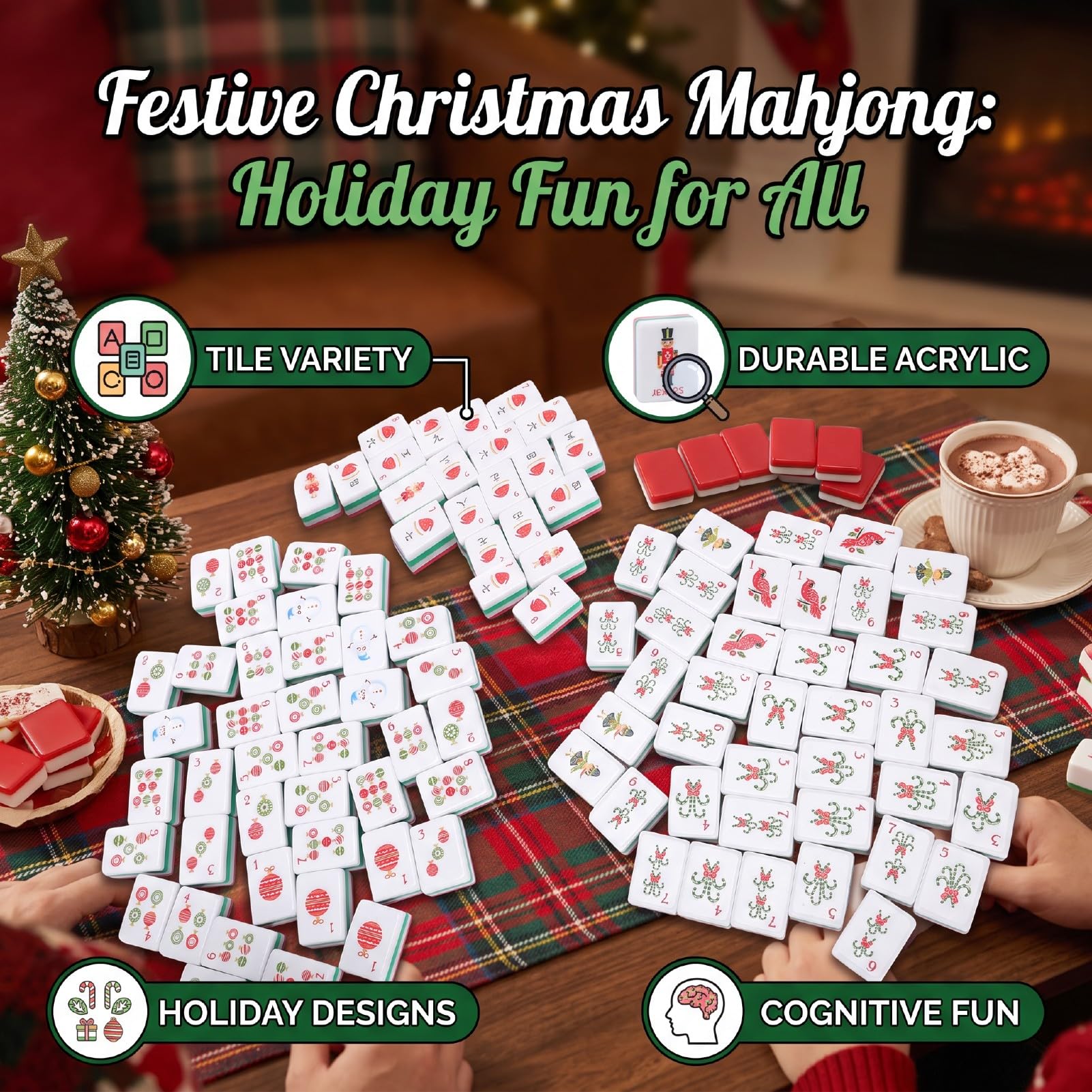 Luocute Set Mahjong di Natale, 160 Tessere USA in Acrilico con Retro Rosso | Acrilico Antigraffio, Set da Gioco per le Vacanze con bambù, Crepe e Punti, per la Famiglia e gli Amici