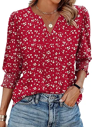 XIEERDUO Blouses for Women Dressy Casual 3/4 Length Sleeve Womens Tops V Neck T Shirts with Smocked Cuffs