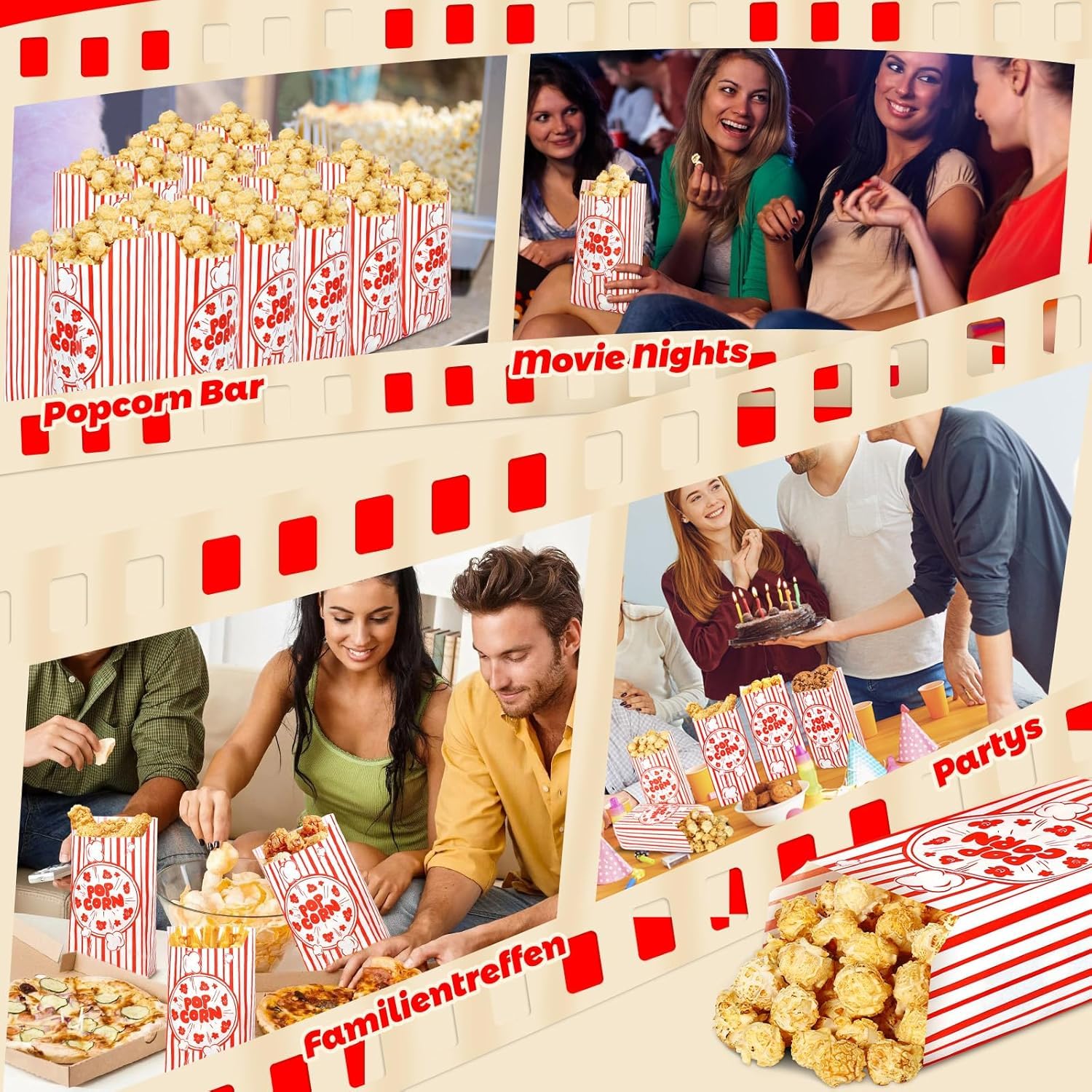 Votoko 250 Pièces 9 x 6 x 21cm Cinéma Sachet Pop Corn, Popcorn Boîtes Rouge Blanche Rayé, Pot Popcorn, Candy Bags, Snacks Container pour Les Fêtes, Anniversaires, Soirées Cinéma Carnival