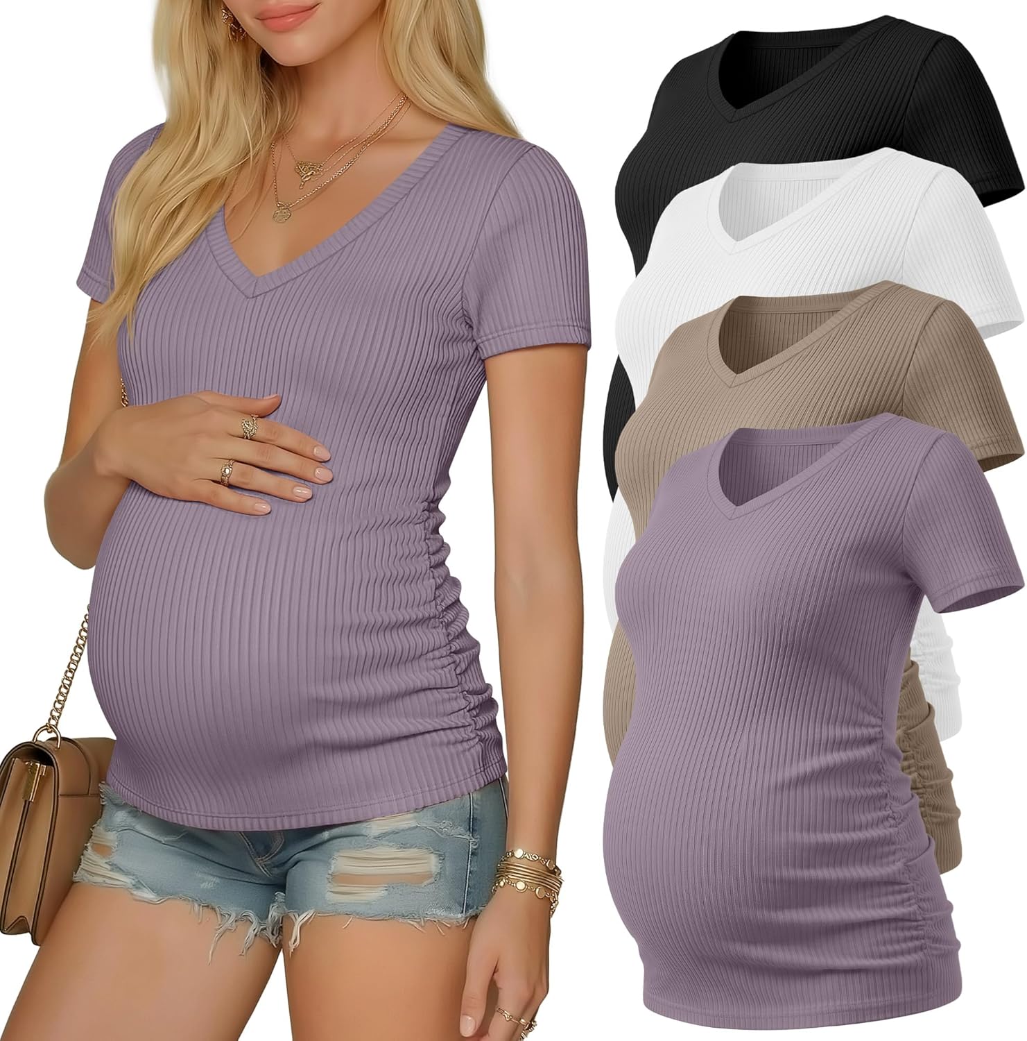 Neer 4 Pack Women's Maternity Shirts, V Neck Cotton Summer Tees Short Sleeve Ribbed Pregnancy Tops Side Ruched Mama Clothes