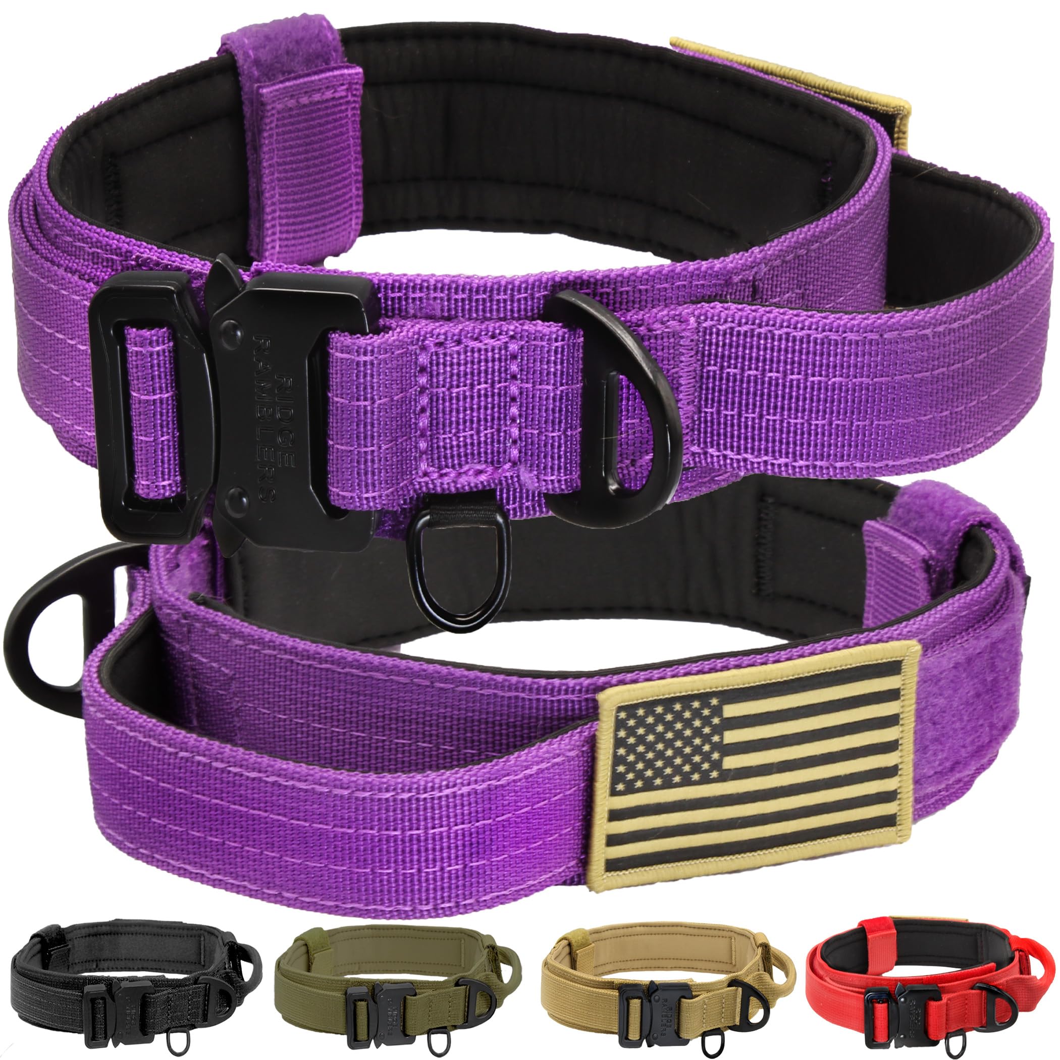 Ridge Ramblers - Advanced Purple Tactical Dog Collar with Handle - Heavy Duty, Lightweight Metal Buckle, Soft Neoprene Padding - Military Collar for