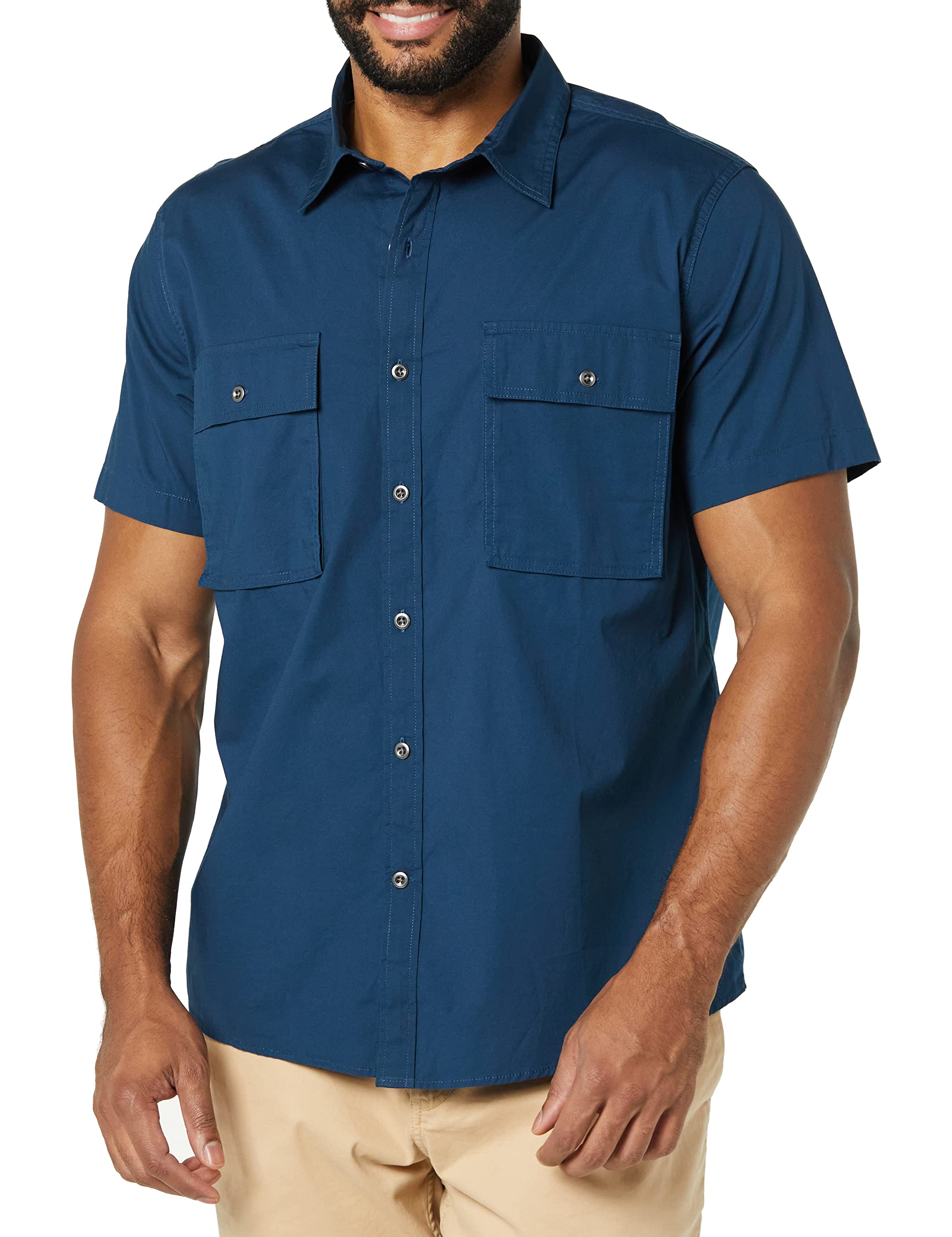 Amazon Essentials Men's Slim-Fit Short-Sleeve Two-Pocket Utility Shirt, Indigo, Large