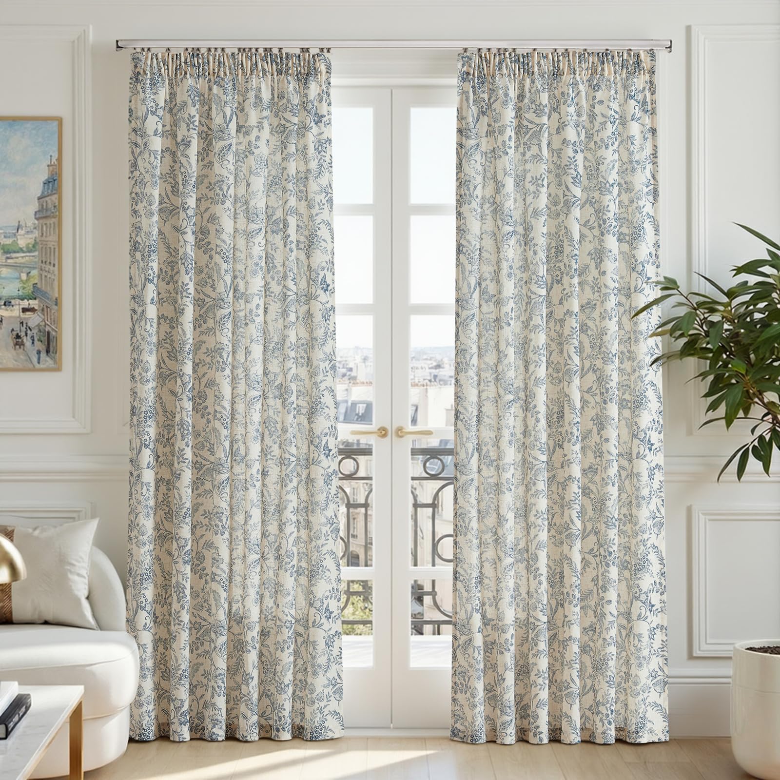 TOPICK Blue Floral Linen Look Sheer Curtains for Living Room 90 Inch Drop, Light Filtering Net Curtain 2 Panels for Bedroom, Pencil Pleat Voile Curtains for Kids Room, W55 x L90 Inch