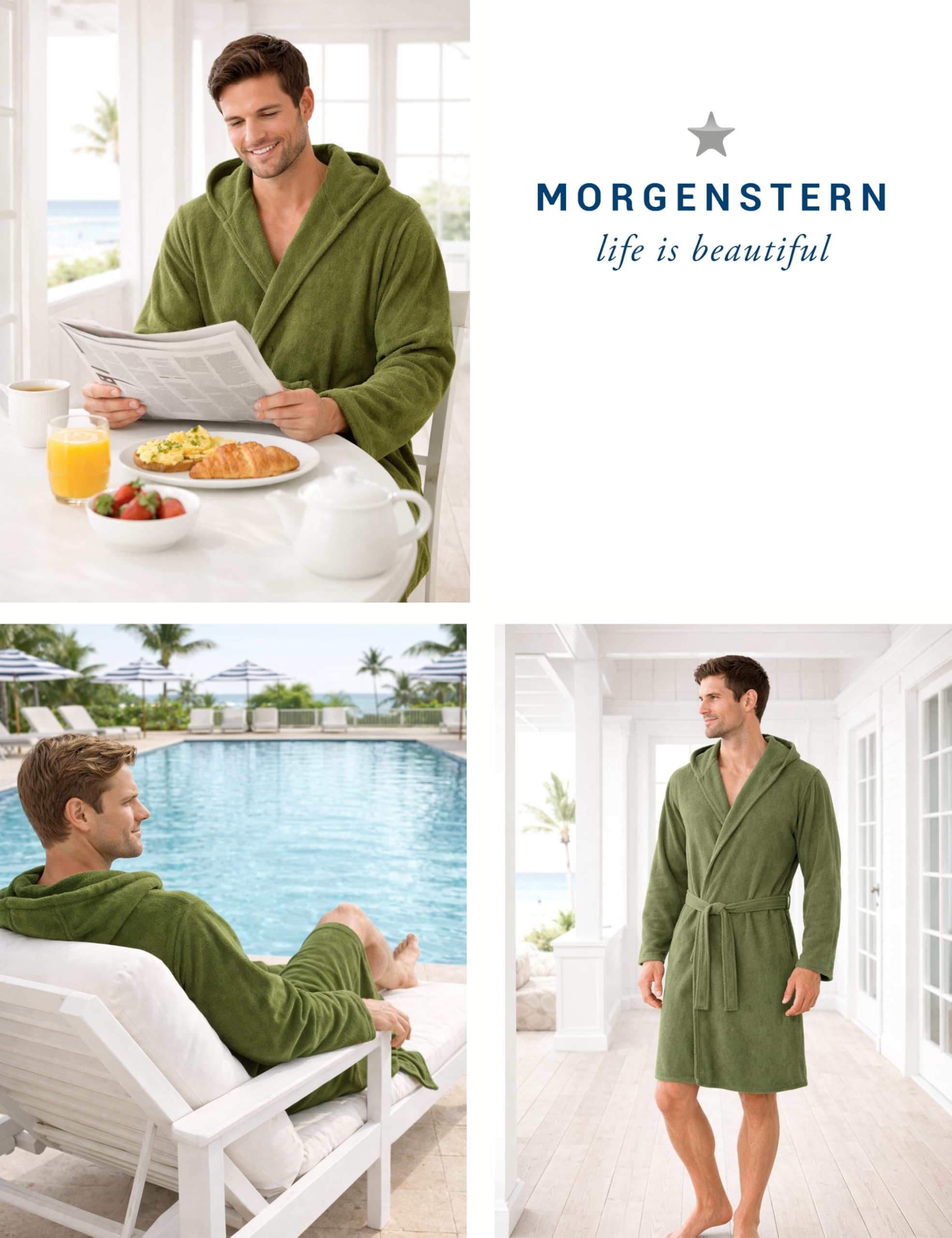 Morgenstern Szlafrok męski, lekki frotte, cienki, 100% bawełna, krótki z kapturem, Öko-Tex-Standard XL, zielony