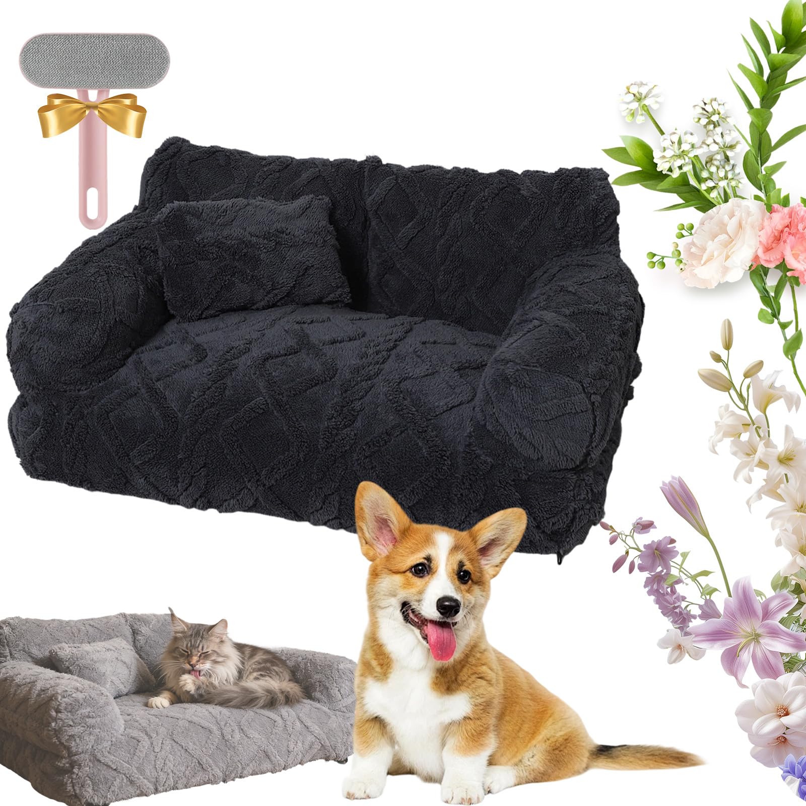 2026 New Plush Calming Pet Sofa Bed, Plush Calming Pet Sofa Bed With Removable Cover, Washable Orthopedic Dog Bed With Edge, Increases Deep Sleep, Reduces Separation Anxiety (DarkGray,80*50cm)