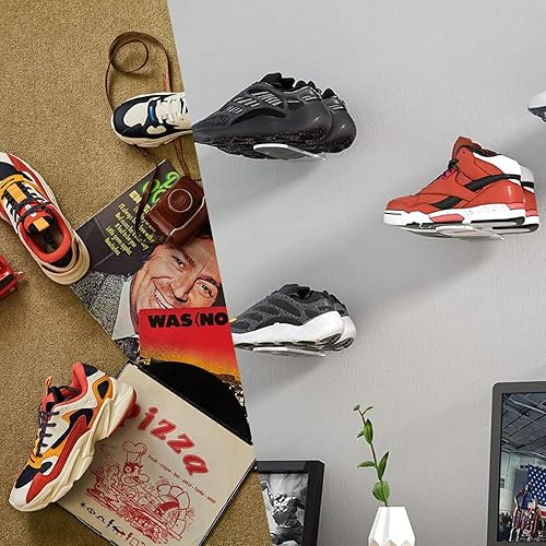 Miniatura 7 de Juego de 6 estantes flotantes de exhibición de zapatos para pared, estantes flotantes de acrílico transparente, estante de zapatos acrílico de 8 x 3