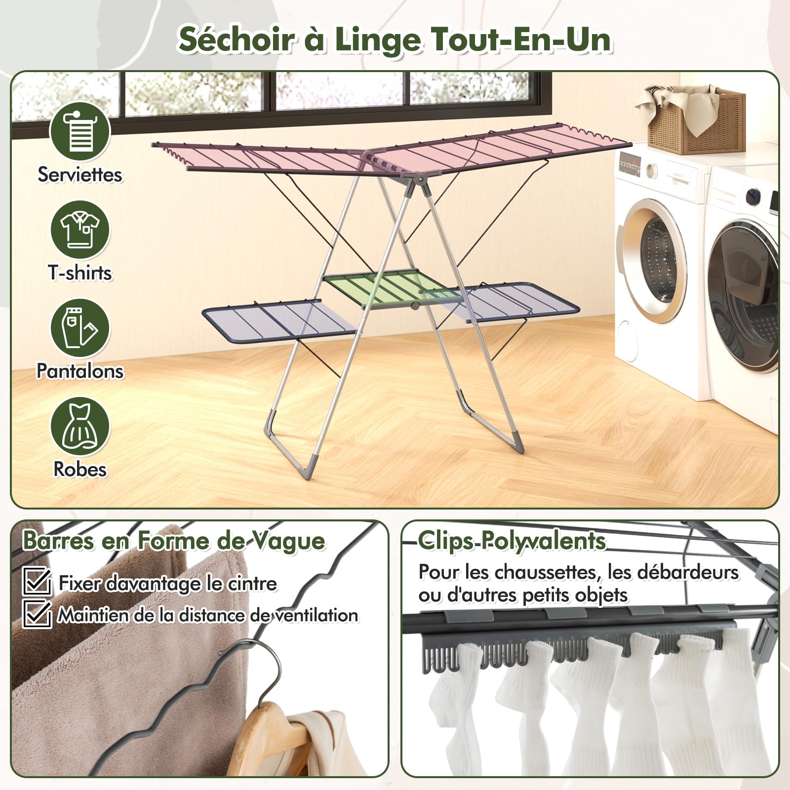 COSTWAY Etendoir Linge Pliable, Sechoir a Linge Pliable 33 Barres, Pieds en Acier Inoxydable, Hauteur Réglable 75-130 cm, Pinces à Chaussettes, Tancarville Seche Linge Intérieur Extérieur