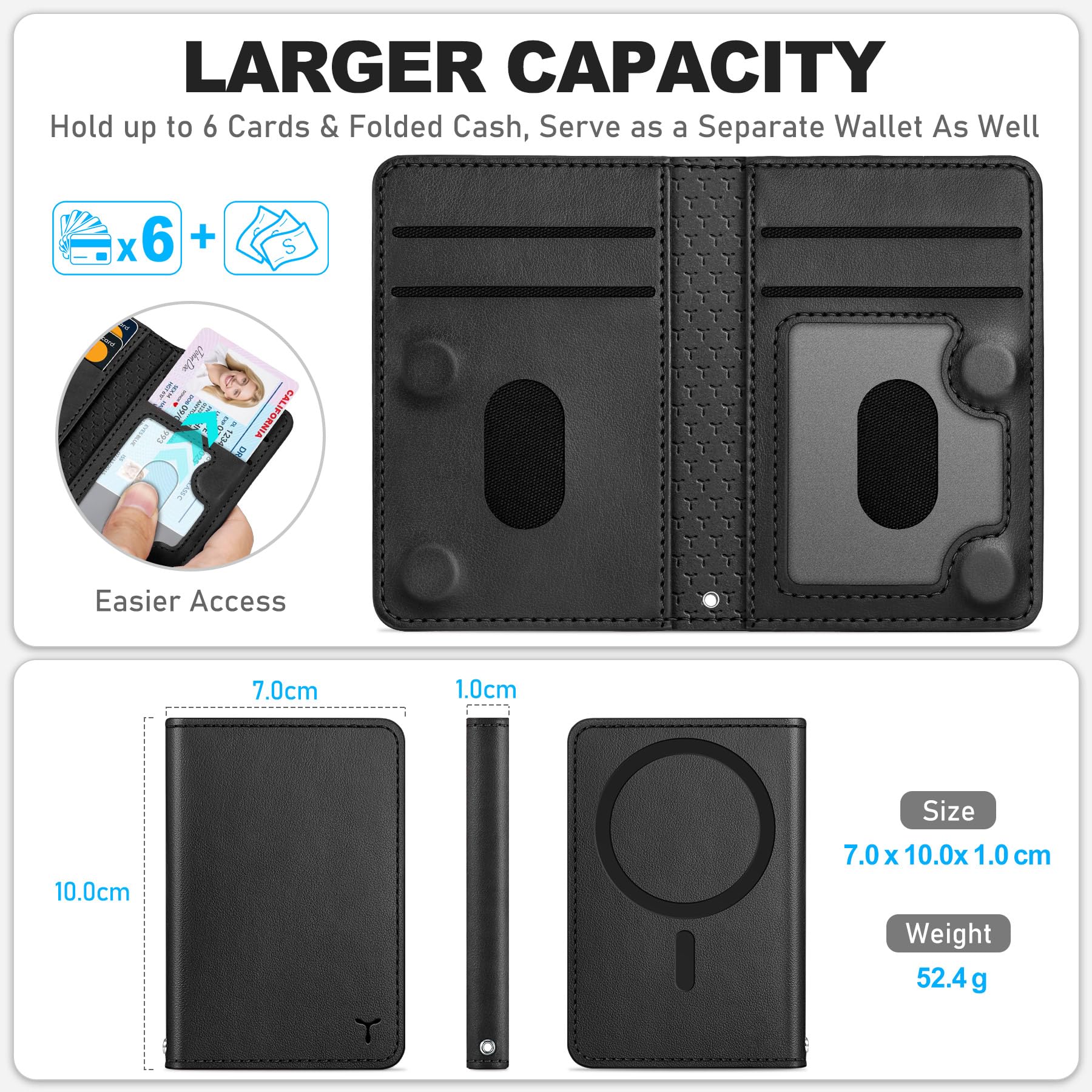 TUCCH Portefeuille Magnétique pour iPhone avec 6 Fentes Cartes, Blocage RFID [Fenêtre ID Transparente], Cuir Synthétique pour Série iPhone 17/16/15/14/13/12/Plus/Air/Pro/Pro Max (sauf Mini), Noir