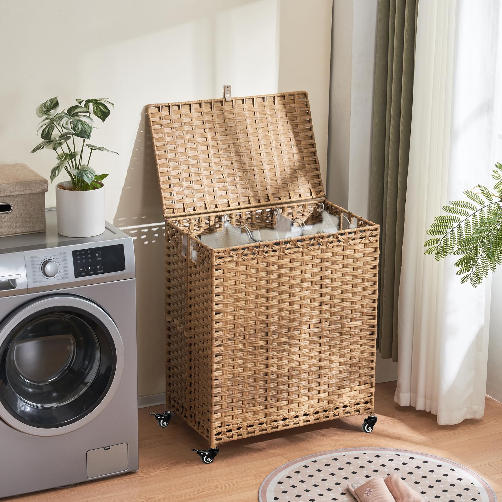 Laundry Hamper with WheelsLid, 50.2 Gallons(190L) Rolling Laundry Basket with Wheels, 3-Section Laundry Hamper, Handwoven Rattan Clothes Hamper with 3 Removable Liner3 Mesh Laundry Bags, Natural