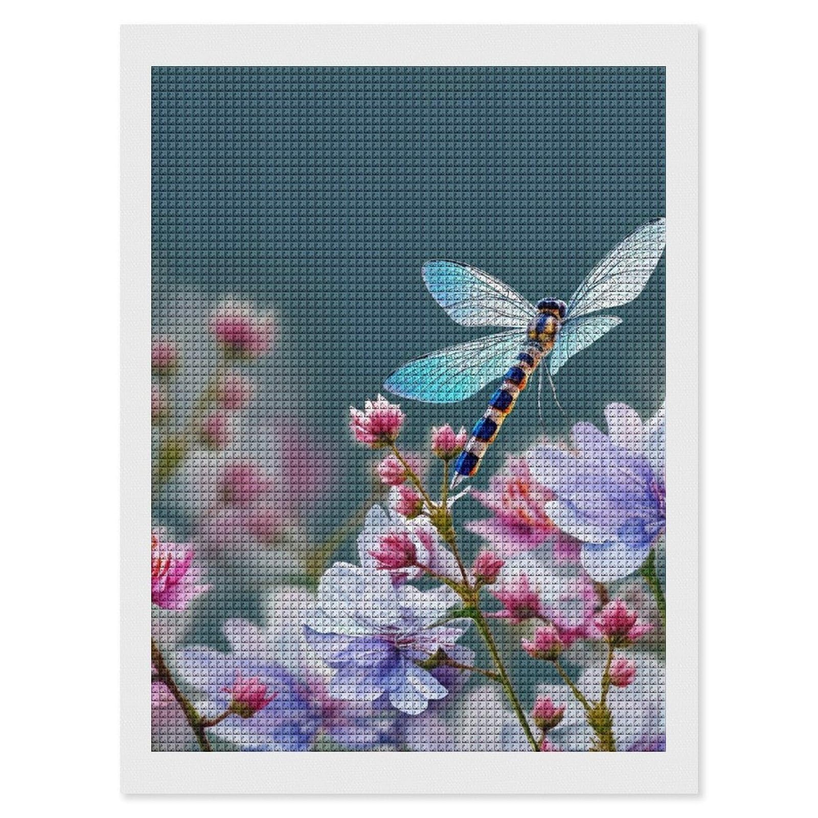 Dragonfly and Flowers Diamond Art Kits for Adults, DIY 5D Diamonds Painting Kits for Beginner, Round Full Drill Diamond Dots Painting, 12"x16" Diamonds Pictures Gem Art and Crafts Wall Decor
