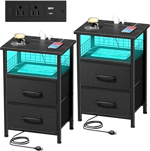 Miniatura 28 de Juego de 2 mesitas de noche con estación de carga, juego de 2 con tira de luz LED de 20 colores, 3 cajones de tela, mesita de noche con puertos USB