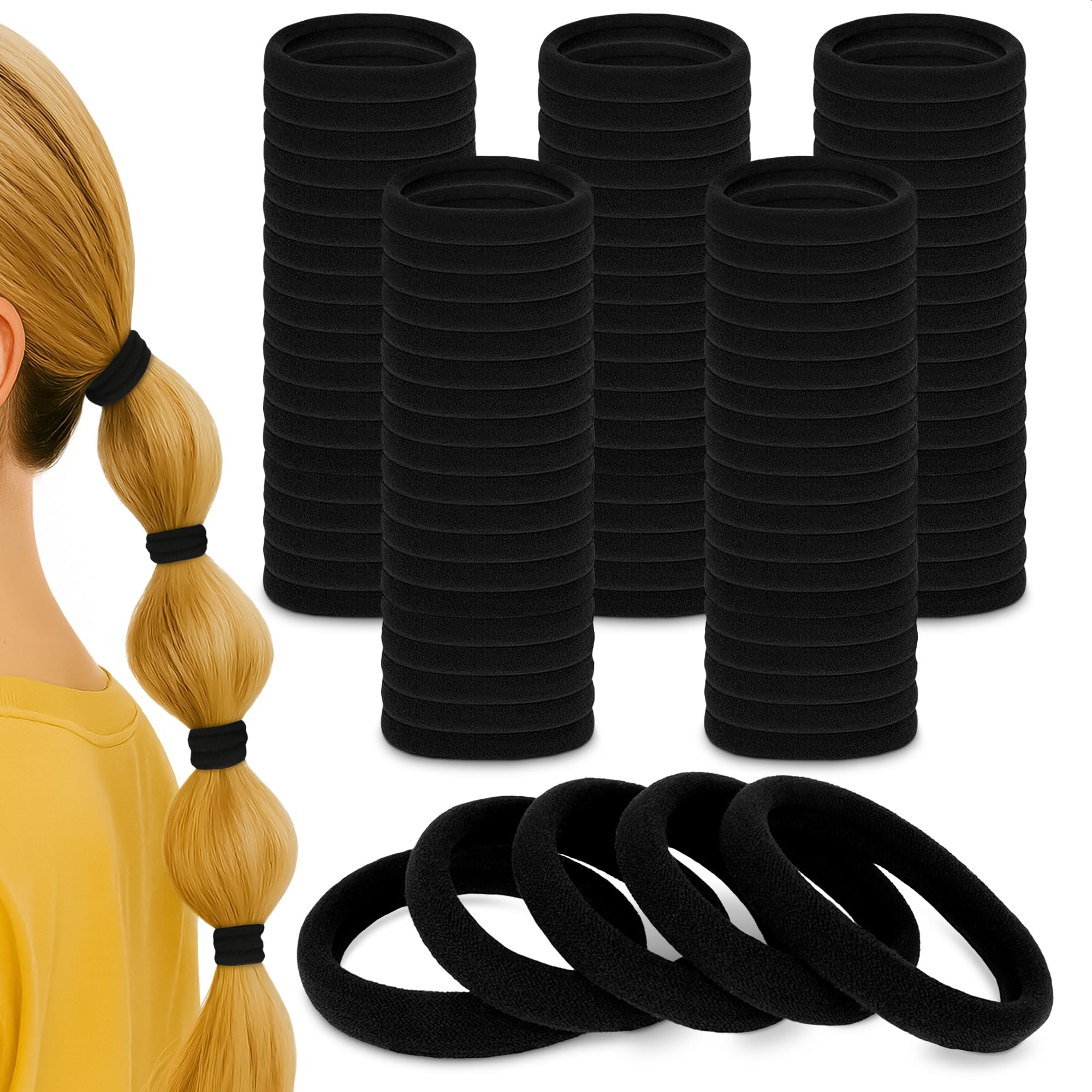 100 Pcs Soft Black Hair Ties Bulk, Cotton Material, 1.9" Diameter