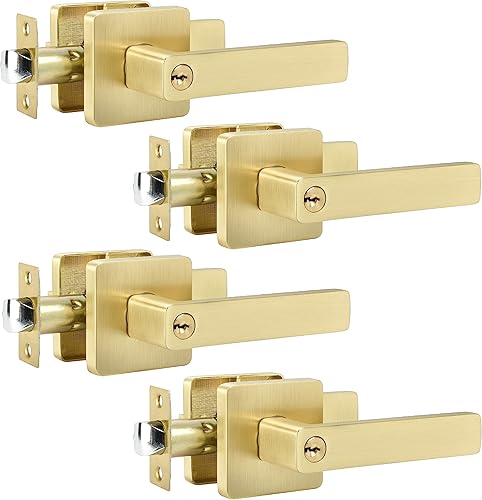 Paquete de 4 manijas de puerta de entrada, manijas de puerta doradas con igual llave, pomos de puerta de latón para dormitorios, baños y otras